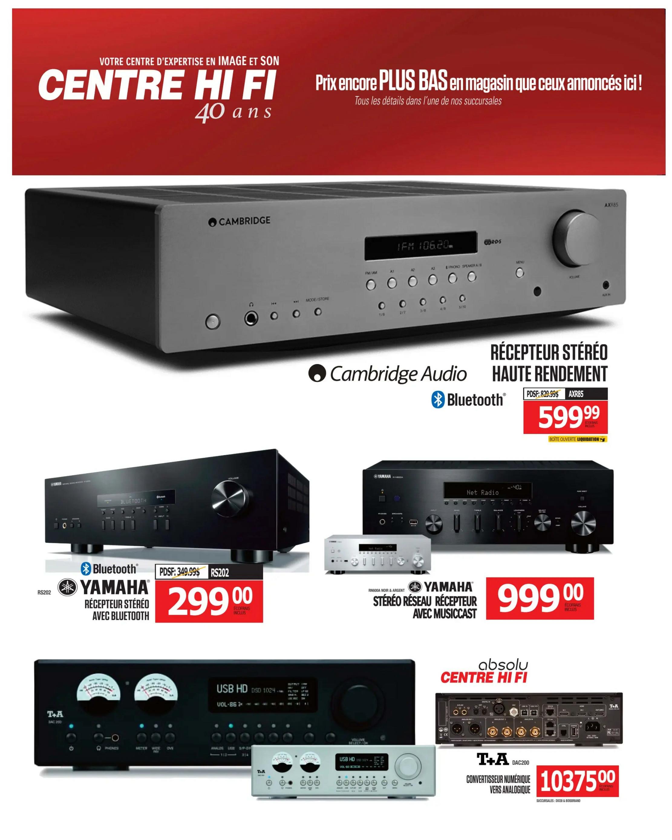 Centre Hi-Fi weekly flyer specials page 50 features a Cambridge Audio AXR85 stereo receiver with Bluetooth for $599.99, originally $829.99. Also available is a Yamaha RS202 stereo receiver with Bluetooth for $299.00, and a Yamaha RN602 stereo network receiver with MusicCast for $999.00. Additionally, a T+A DAC200 digital-to-analog converter is priced at $10375.00.