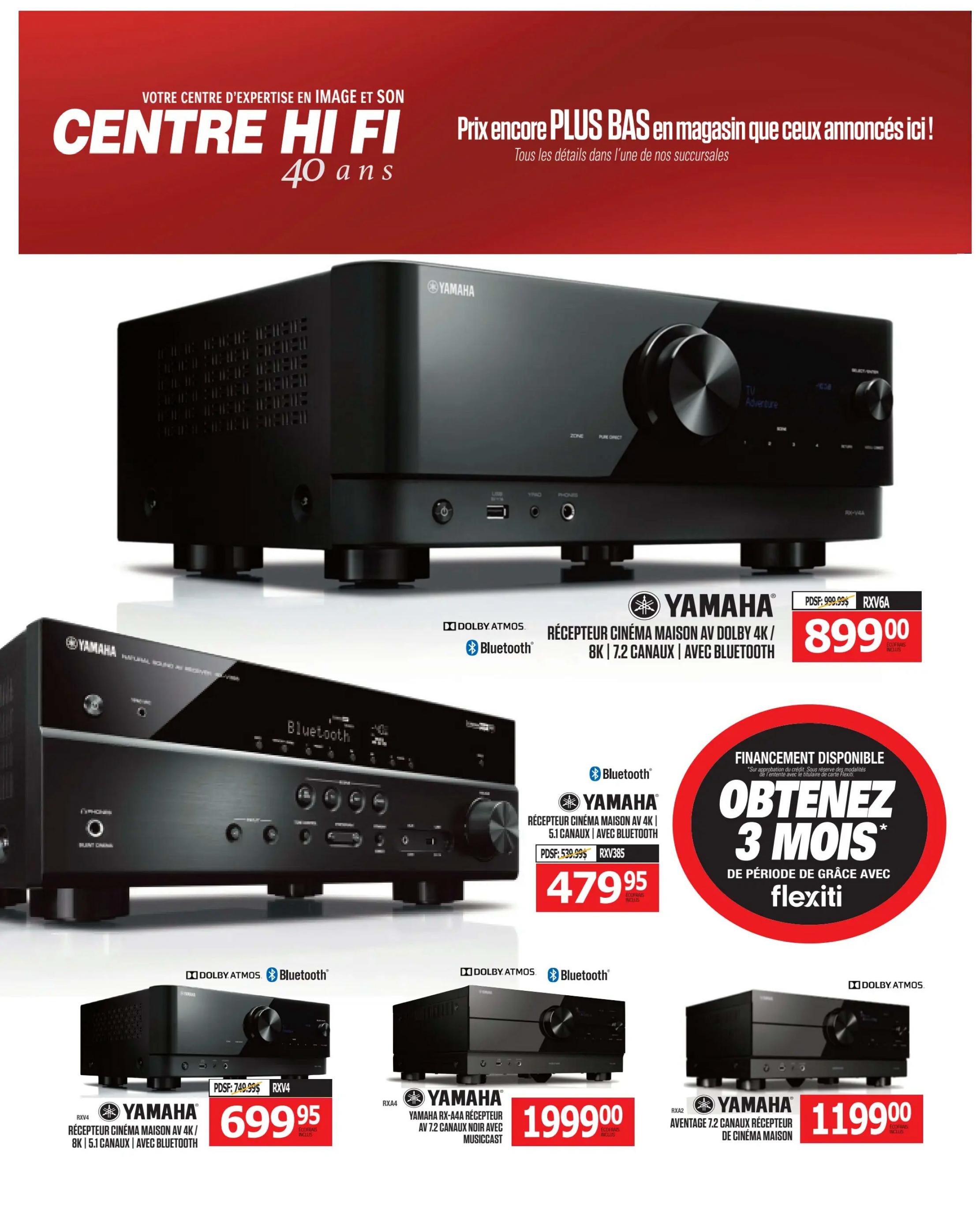 Centre Hi-Fi weekly flyer specials, page 51. Features Yamaha AV receivers with Dolby Atmos and Bluetooth. Top item is a Yamaha RXV6A AV receiver for $899.00, originally $999.99. Below, a Yamaha RXV385 AV receiver is on sale for $479.95, down from $539.99. Another Yamaha RXV4 AV receiver is priced at $699.95, originally $749.99. Also shown is a Yamaha RXA4A AV receiver with MusicCast for $1999.00. Finally, a Yamaha RXA2 7.2 channel home cinema receiver is available for $1199.00. Financing is available for 3 months with Flexiti on approved credit.