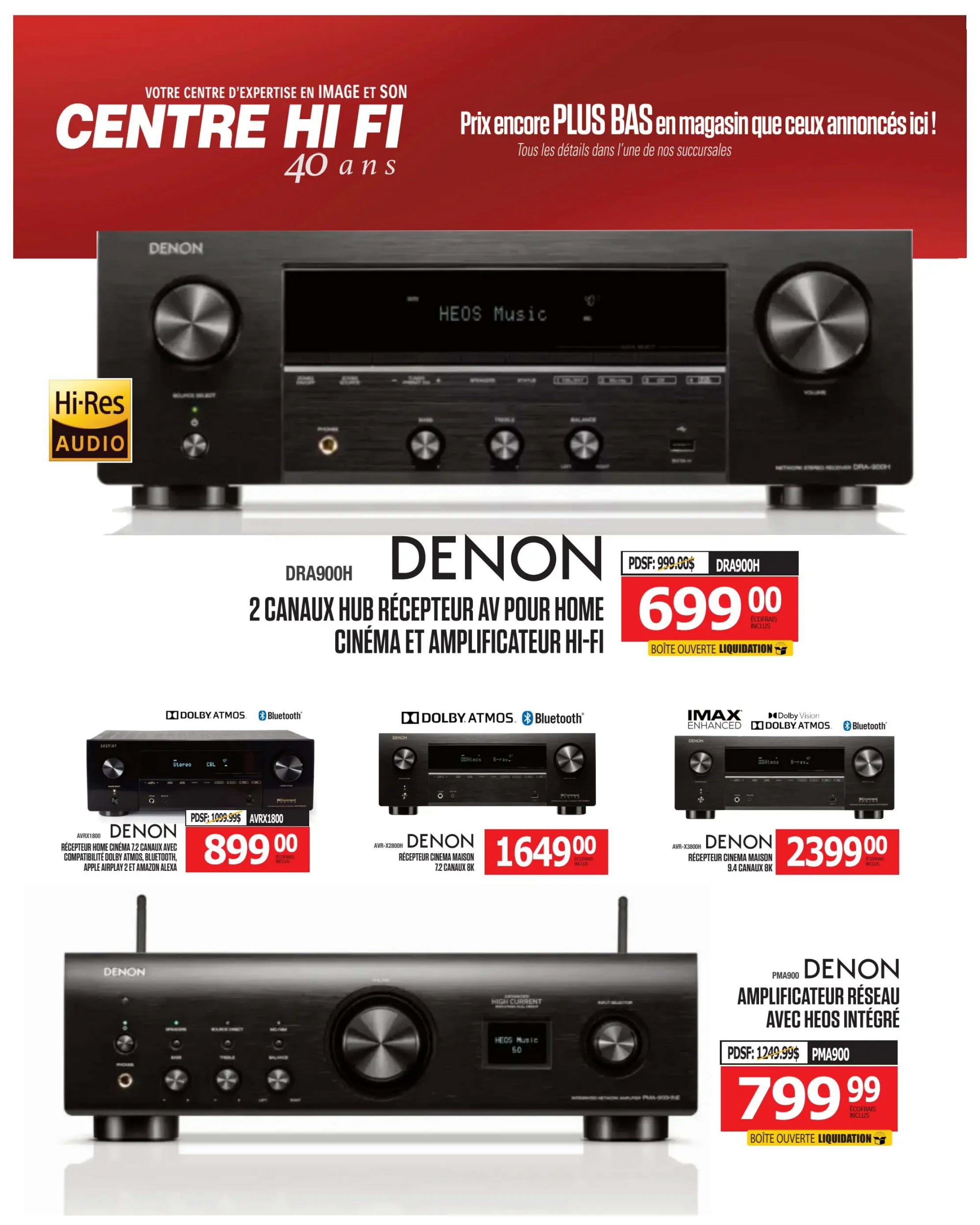Centre Hi-Fi weekly flyer specials page 52 features Denon audio equipment. The main display shows the Denon DRA900H 2-channel AV receiver for home cinema and Hi-Fi amplification, priced at $699.00, marked as open box liquidation. Below, the Denon AVRX1800 7.2 channel home cinema receiver with Dolby Atmos, Bluetooth, Apple AirPlay 2, and Amazon Alexa is available for $899.00. Another Denon receiver, the AVRX2800H 7.2 channel 8K cinema receiver, is priced at $1649.00. Finally, the Denon PMA900 network amplifier with integrated HEOS is offered at $799.99, also as open box liquidation.