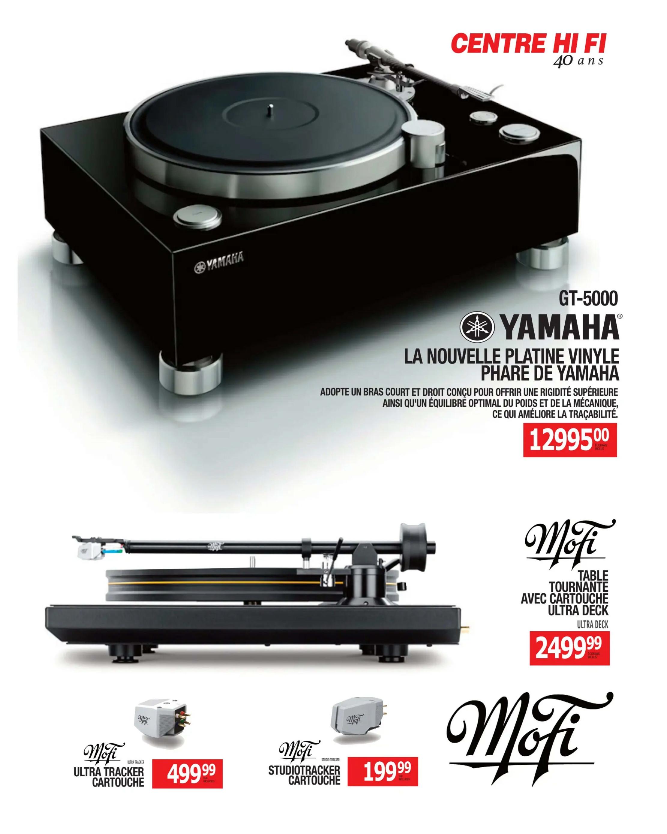 Centre Hi-Fi weekly flyer specials page 53 features the Yamaha GT-5000 turntable for $12995.00. This turntable is described as the new flagship vinyl record player from Yamaha, featuring a short, straight tonearm for superior rigidity and optimal weight balance. Also displayed is the MoFi turntable with Ultra Deck cartridge for $2499.99. Additionally, the page shows the MoFi Ultra Tracker cartridge for $499.99 and the MoFi StudioTracker cartridge for $199.99.