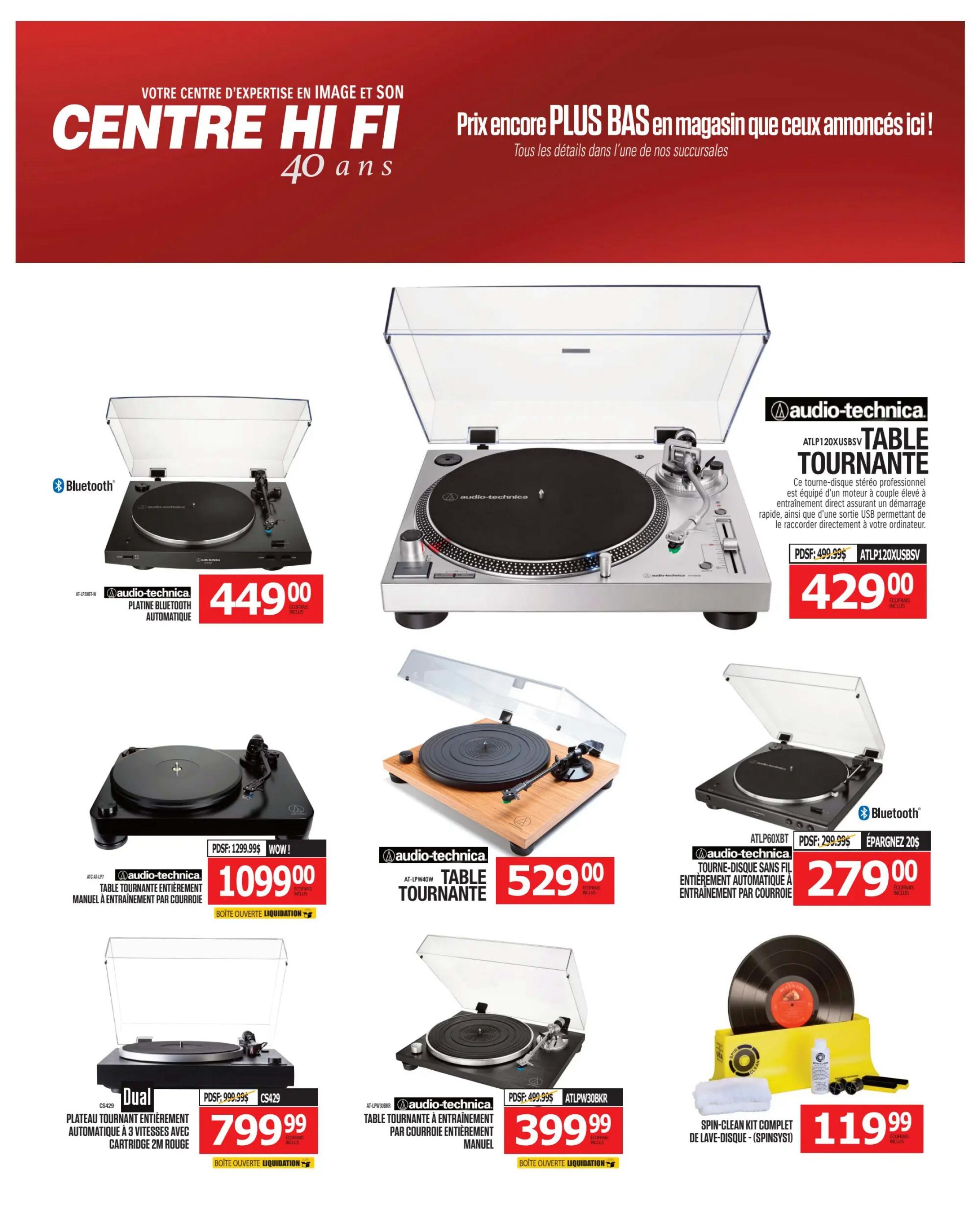 Centre Hi-Fi weekly flyer specials page 54 features a selection of turntables and accessories. Highlighted items include the Audio-Technica AT-LP30BT automatic Bluetooth turntable for $449.00, and the Audio-Technica AT-LP120XUSB turntable for $429.00, originally $499.99. Also featured is the Audio-Technica AT-LPW40WN turntable for $529.00. Other Audio-Technica models include the ATLP60XBT belt-drive turntable for $279.00, saving $20.00. The Dual CS429 automatic turntable with a red 2M cartridge is priced at $799.99. A Spin-Clean complete record washing kit is available for $119.99.