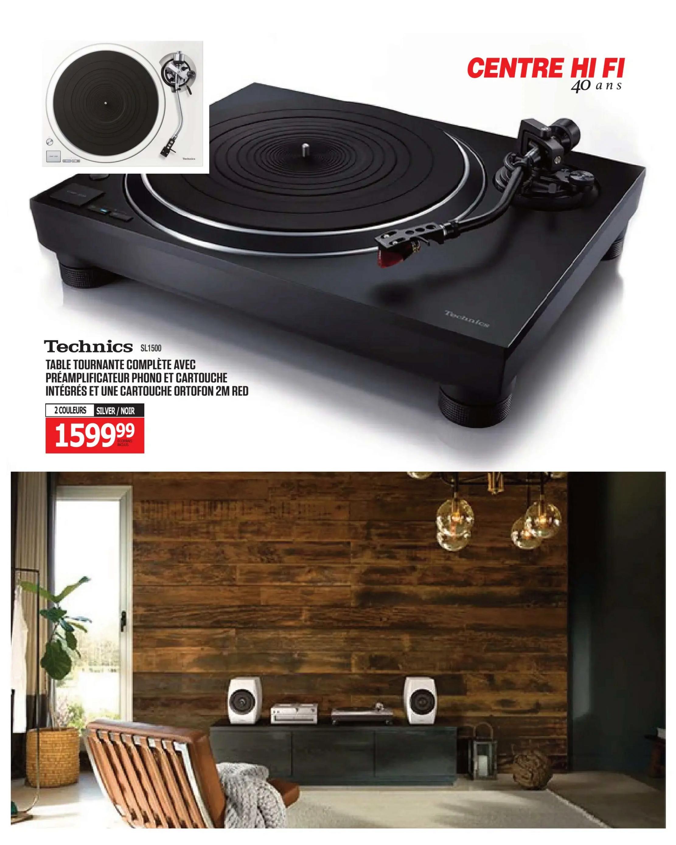 Centre Hi-Fi weekly flyer specials, page 56. Features the Technics SL1500 turntable, a complete turntable with phono preamplifier and Ortofon 2M Red cartridge, available in silver or black for $1599.99. The page also shows a lifestyle image of a modern living room setup with speakers and audio equipment.