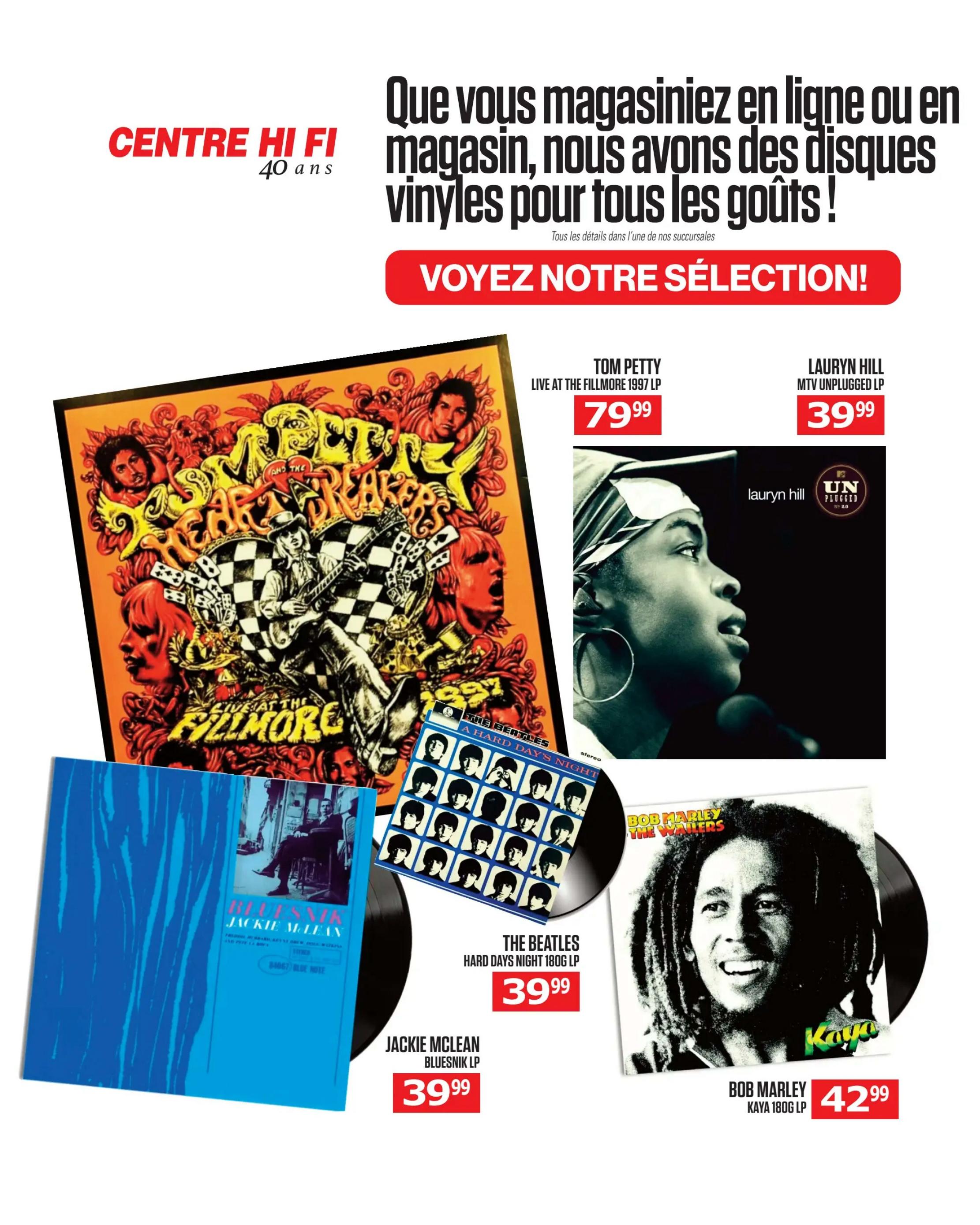 Centre Hi-Fi weekly flyer specials page 57 features a selection of vinyl records. Featured albums include Tom Petty Live at the Fillmore 1997 LP for $79.99, Lauryn Hill MTV Unplugged LP for $39.99, The Beatles Hard Day's Night 180g LP for $39.99, Jackie McLean Bluesnik LP for $39.99, and Bob Marley Kaya 180g LP for $42.99. The page also includes a banner stating 'Whether you shop online or in-store, we have records for every taste!' and a call to action 'See our selection!'.