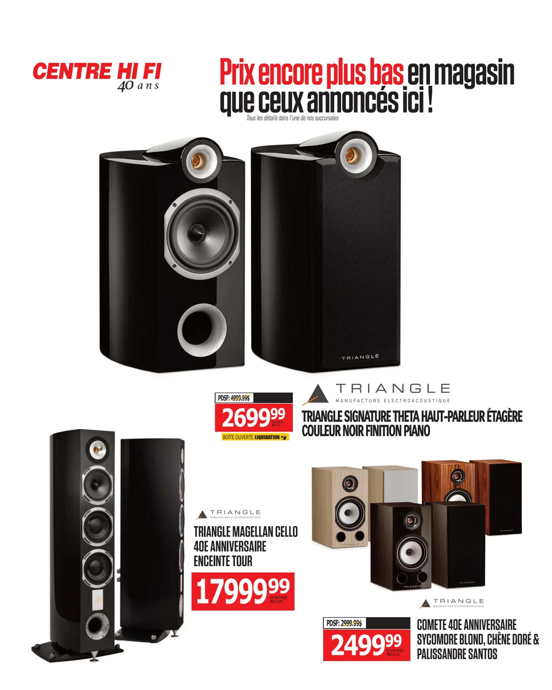 Centre Hi-Fi weekly flyer specials page 60 features Triangle brand audio equipment. On display are Triangle Signature Theta bookshelf speakers in black piano finish, originally $4999.99, now on sale for $2699.99, marked as open box liquidation. Also featured are Triangle Magellan Cello 40th Anniversary tower speakers, priced at $1799.99 with eco-freight included. Additionally, Triangle Comete 40th Anniversary bookshelf speakers are available in Sycamore Blond, Golden Oak, and Palisander Santos finishes, priced at $2499.99 with eco-freight included, originally $2999.99.