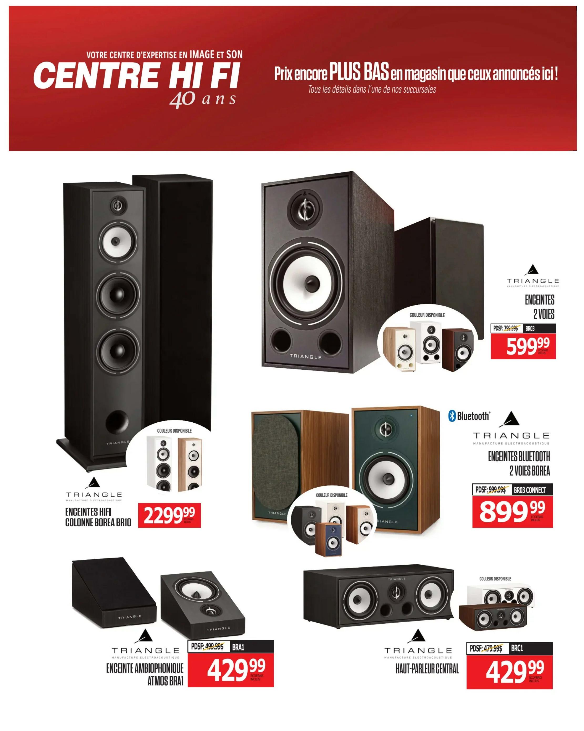 Centre Hi-Fi weekly flyer specials page 62 features Triangle brand audio equipment. On the left, the Triangle Borea BR10 floorstanding speakers are shown in black, with available colours in white and wood grain, priced at $2299.99. In the centre, Triangle Borea 2-way bookshelf speakers are available in black, white, and wood grain, priced at $599.99. Below these, the Triangle Atmos BR1 ambisonic speaker is shown in black, priced at $429.99. On the right, Triangle Borea BR03 Connect Bluetooth 2-way bookshelf speakers are displayed, priced at $899.99. Finally, the Triangle BRC1 centre channel speaker is shown in black and wood grain, priced at $429.99.