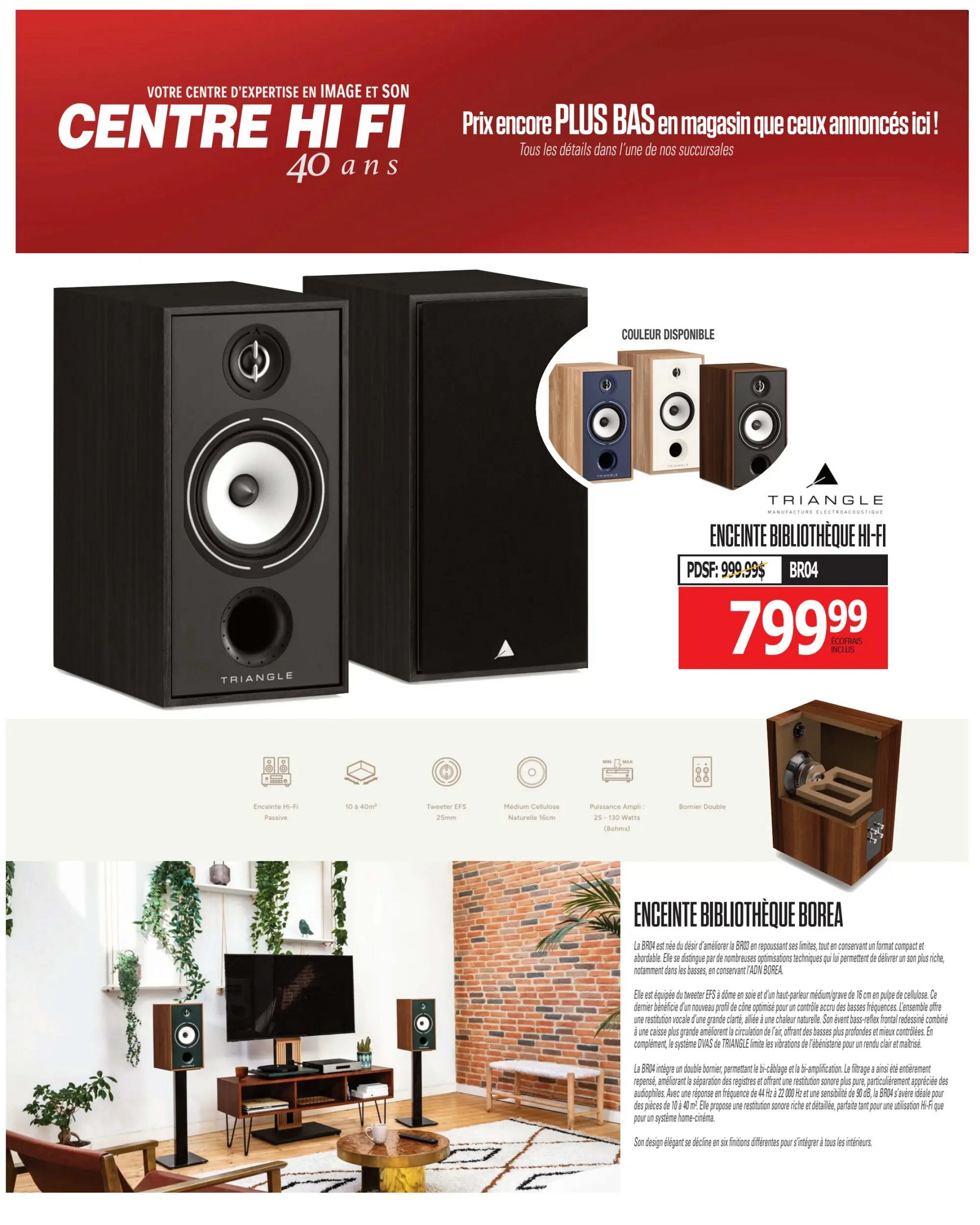 Centre Hi-Fi weekly flyer specials, page 63. Features the Triangle Borea BR04 Hi-Fi bookshelf speaker available in multiple colours. The speaker has a 16cm cellulose cone midrange and a 25mm EFS tweeter. It is suitable for rooms 10 to 40 sq. m and requires an amplifier power of 25-130 Watts (8 Ohms). The speaker is priced at $799.99, with eco-fees included. The page also shows a lifestyle image of the speakers in a living room setting and a detailed view of the speaker's internal components.