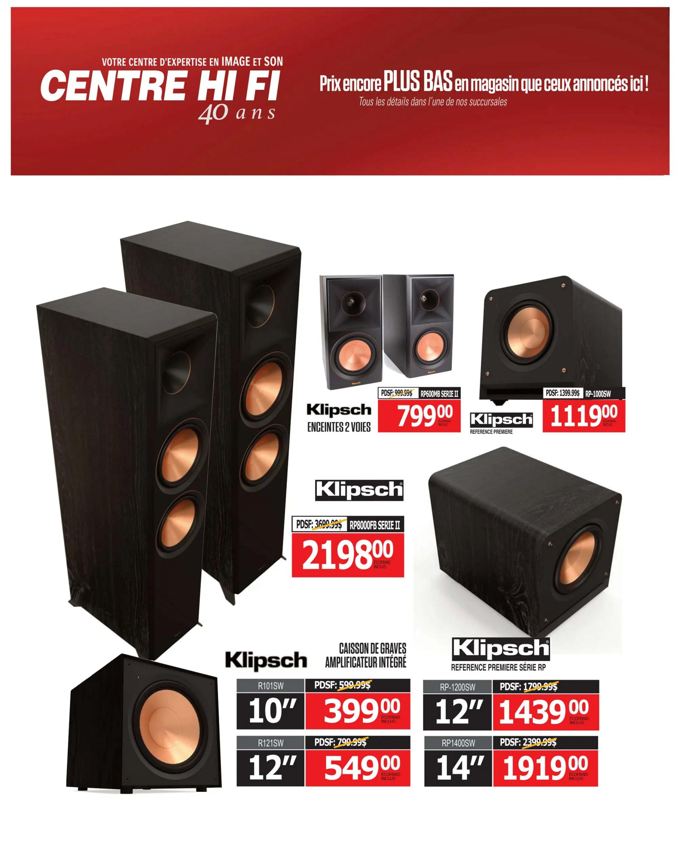 Centre Hi-Fi weekly flyer specials, page 65. Featured products include Klipsch RP600MB 2-way bookshelf speakers for $799.00, originally $999.99. Also, Klipsch RP-1000SW subwoofer for $1119.00, originally $1399.99. A large Klipsch RP8000FB Series II floorstanding speaker set is on sale for $2198.00, with eco-fees included. Additionally, Klipsch R10SW 10-inch subwoofer for $399.00, originally $599.99. Klipsch R12SW 12-inch subwoofer for $549.00, originally $799.99. Klipsch RP-1200SW 12-inch subwoofer for $1439.00, originally $1799.99. And Klipsch RP-1400SW 14-inch subwoofer for $1919.00, originally $2399.99, with eco-fees included on select models.