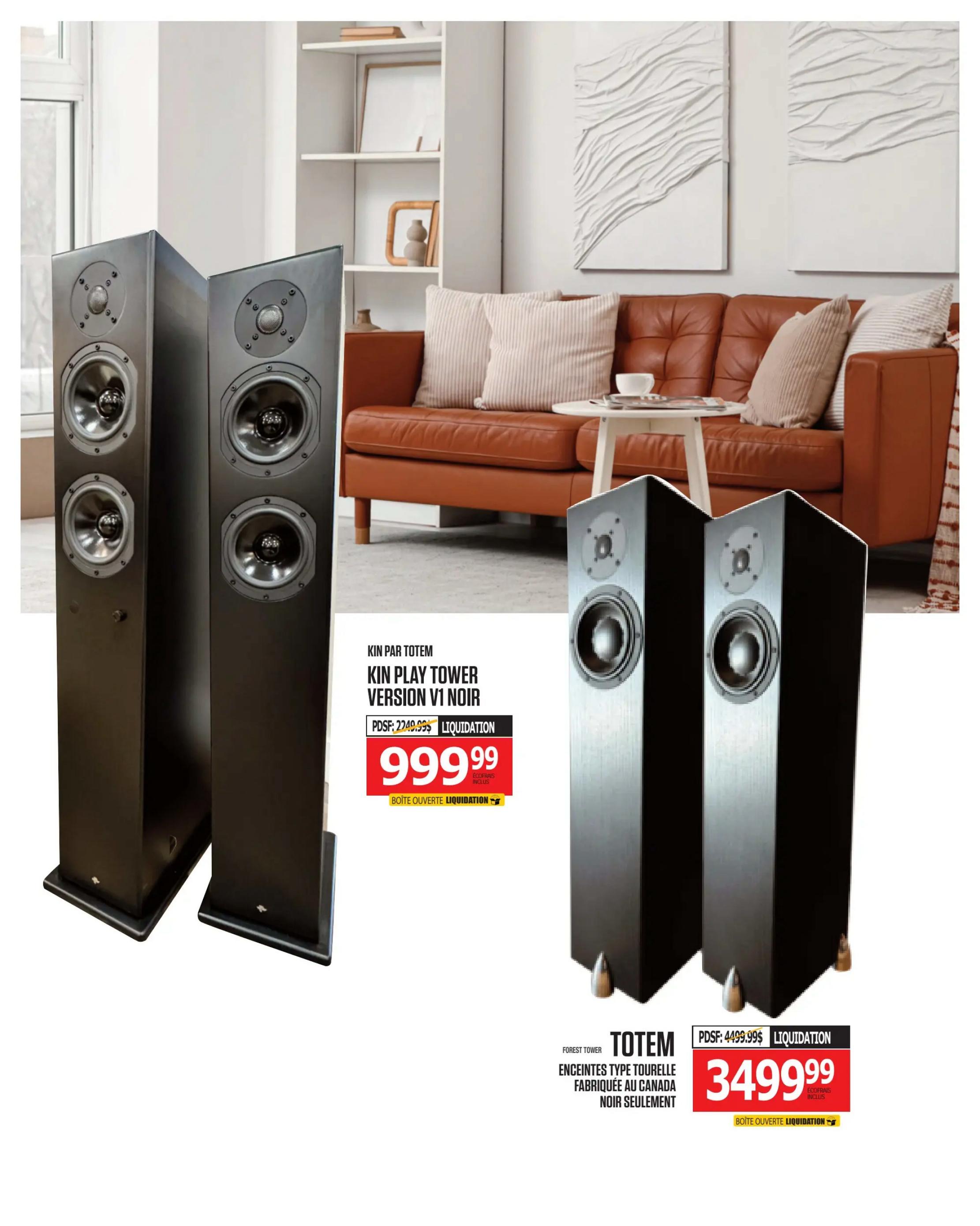 Centre Hi-Fi weekly flyer specials, page 67. Features Totem Kin Play Tower Version V1 Noir speakers, originally priced at $2249.99, now on liquidation for $999.99. Also features Totem Forest Tower speakers, made in Canada, black only, originally priced at $4499.99, now on liquidation for $3499.99. Both items are listed as open box liquidation.