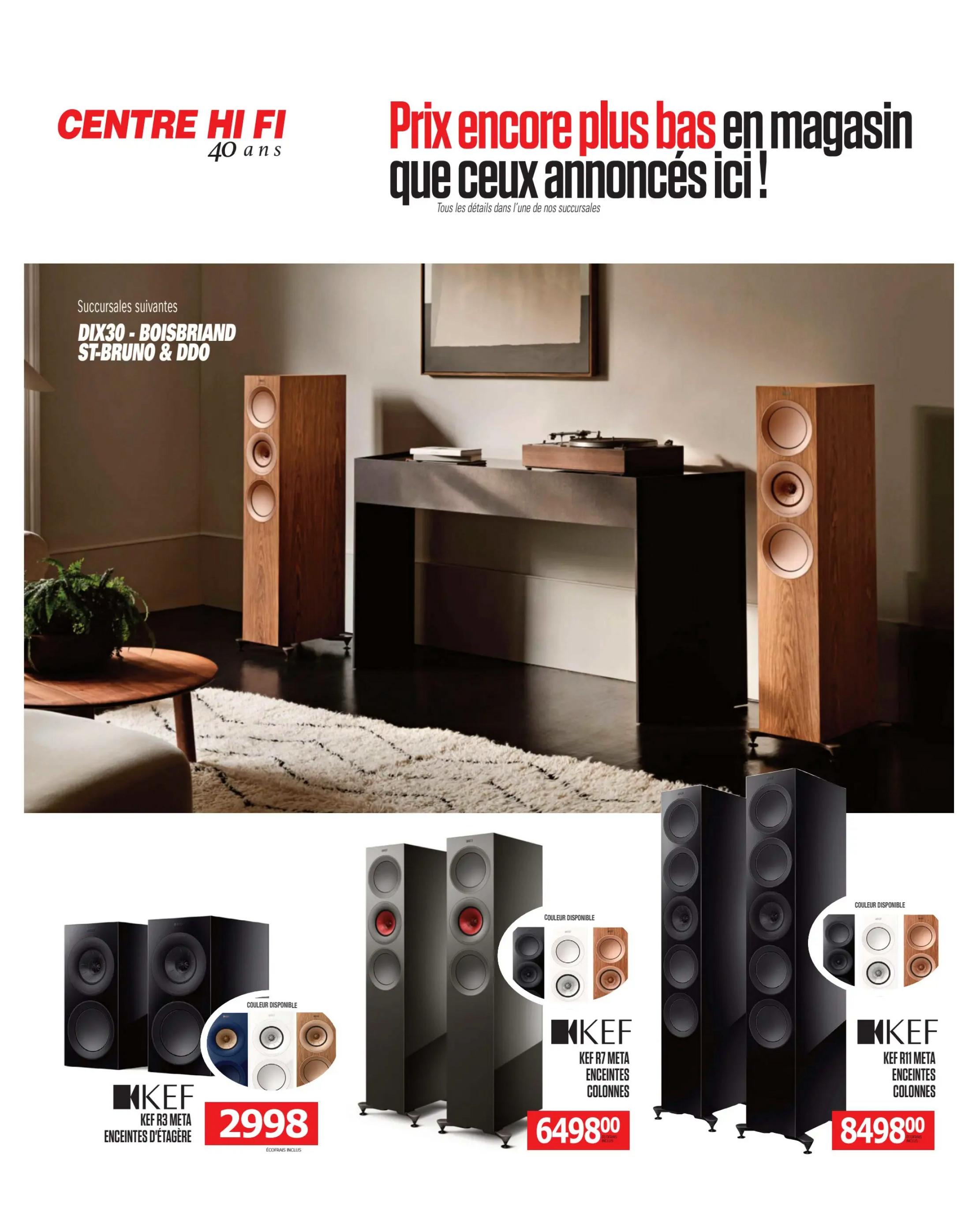 Centre Hi-Fi weekly flyer specials page 70 features KEF speakers. On display are KEF R3 Meta bookshelf speakers in black, priced at $2998, with other available colours shown. Also featured are KEF R7 Meta floorstanding speakers in black, priced at $6498, with other colour options available. Additionally, KEF R11 Meta floorstanding speakers in black are shown, priced at $8498, with other colour options also visible. The page highlights that prices are even lower in-store than advertised.