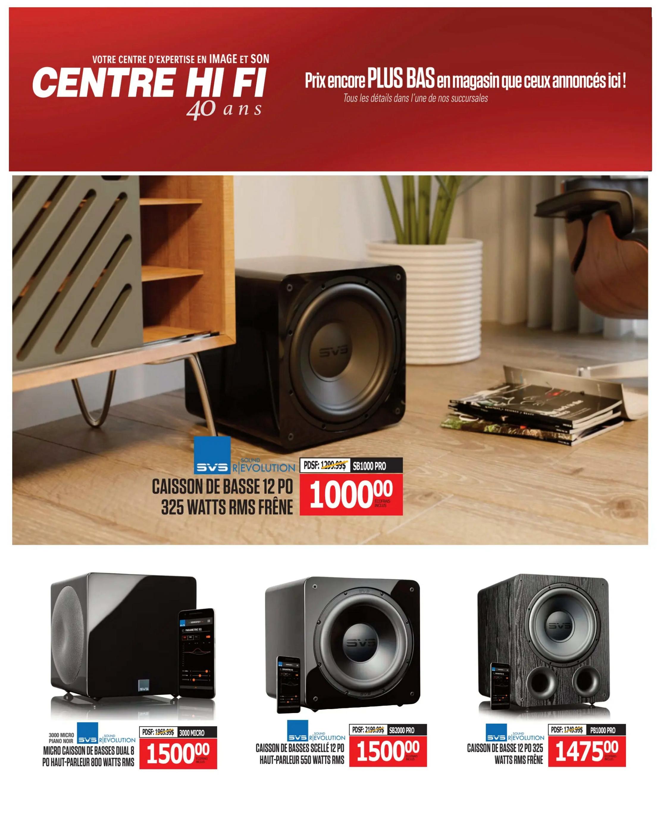 Centre Hi-Fi weekly flyer specials page 73 features SVS subwoofers. The main featured product is the SVS SB1000 PRO 12-inch subwoofer with 325 watts RMS, originally priced at $1,299.99, now on sale for $1,000.00. Also displayed are the SVS 3000 Micro dual 8-inch micro subwoofer with 800 watts RMS, priced at $1,500.00. Another SVS SB2000 PRO 12-inch sealed subwoofer with 550 watts RMS is available for $1,500.00. Finally, the SVS PB1000 PRO 12-inch ported subwoofer with 325 watts RMS is priced at $1,475.00.
