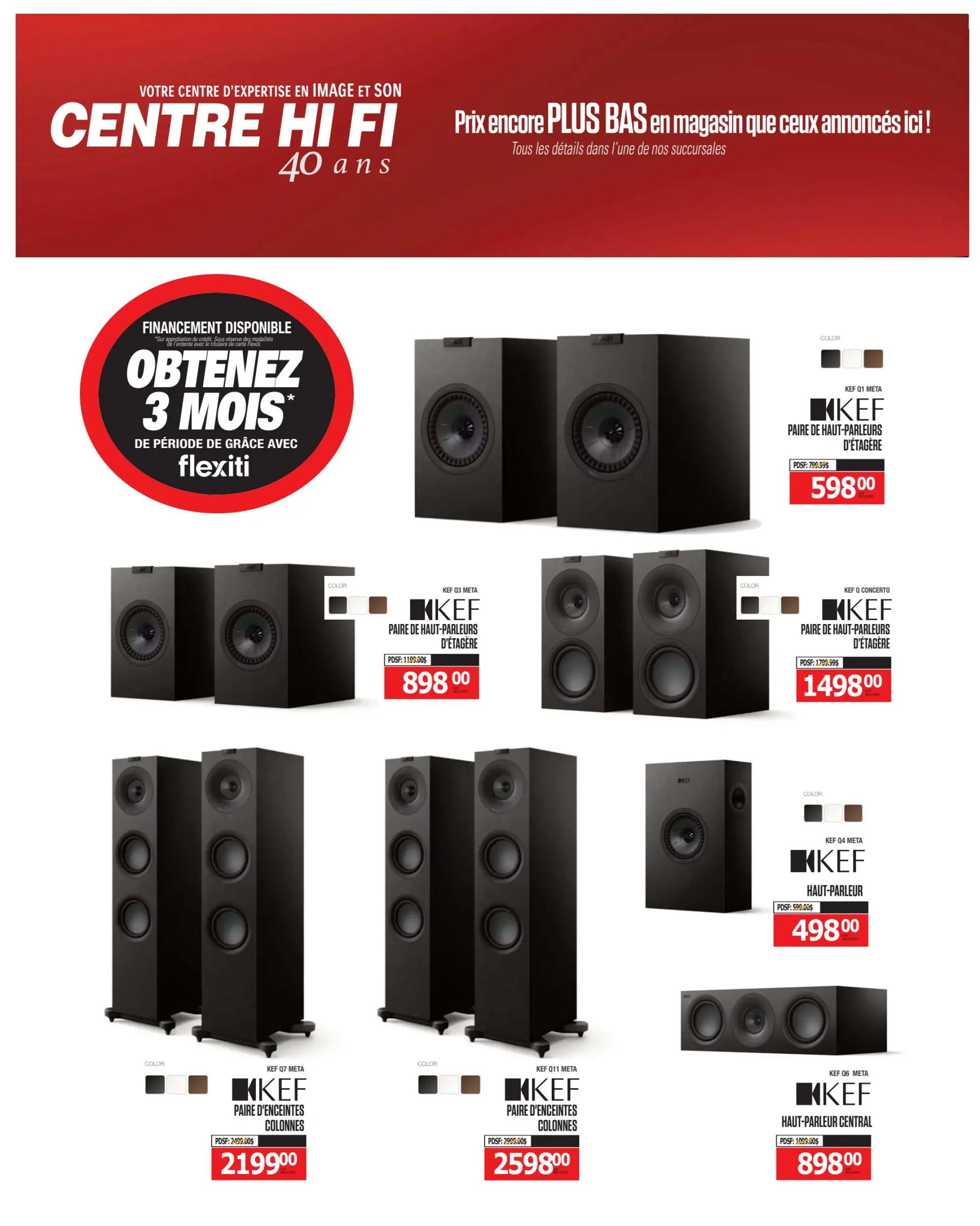 Centre Hi-Fi weekly flyer specials, page 77. Featured products include KEF Q1 Meta bookshelf speakers for $598.00, KEF Q3 Meta bookshelf speakers for $898.00 (regular price $1199.00), and KEF Q Concerto bookshelf speakers for $1498.00 (regular price $1799.00). Also available are KEF Q7 Meta floorstanding speakers for $2199.00 (regular price $2499.00), KEF Q11 Meta floorstanding speakers for $2598.00 (regular price $2999.00), KEF Q4 Meta speaker for $498.00 (regular price $599.00), and KEF Q6 Meta centre speaker for $898.00 (regular price $1099.00). Financing is available with 3 months of interest-free period with Flexiti. Available colours for speakers include black, white, and brown.