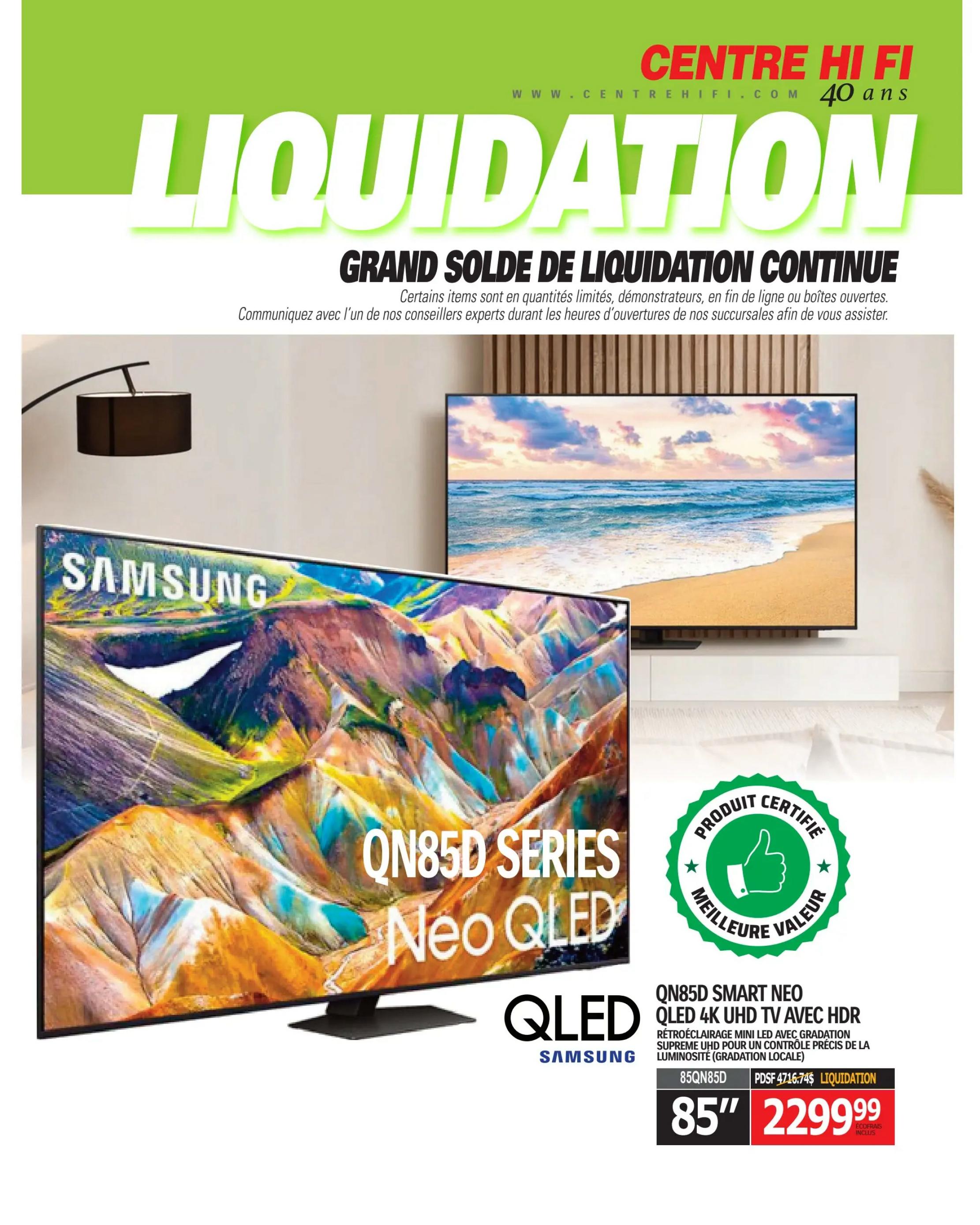 Centre Hi-Fi weekly flyer specials, page 86. Features a liquidation sale with a large 'LIQUIDATION' banner. The main product highlighted is the Samsung 85' QN85D Smart Neo QLED 4K UHD TV with HDR, featuring mini-LED backlighting and supreme UHD for precise luminosity control. The TV is priced at $2299.99, with 'LIQUIDATION' and 'ECOBAG INCLUS' noted. A 'PRODUIT CERTIFIÉ MEILLEURE VALEUR' (Certified Best Value Product) badge is also visible.