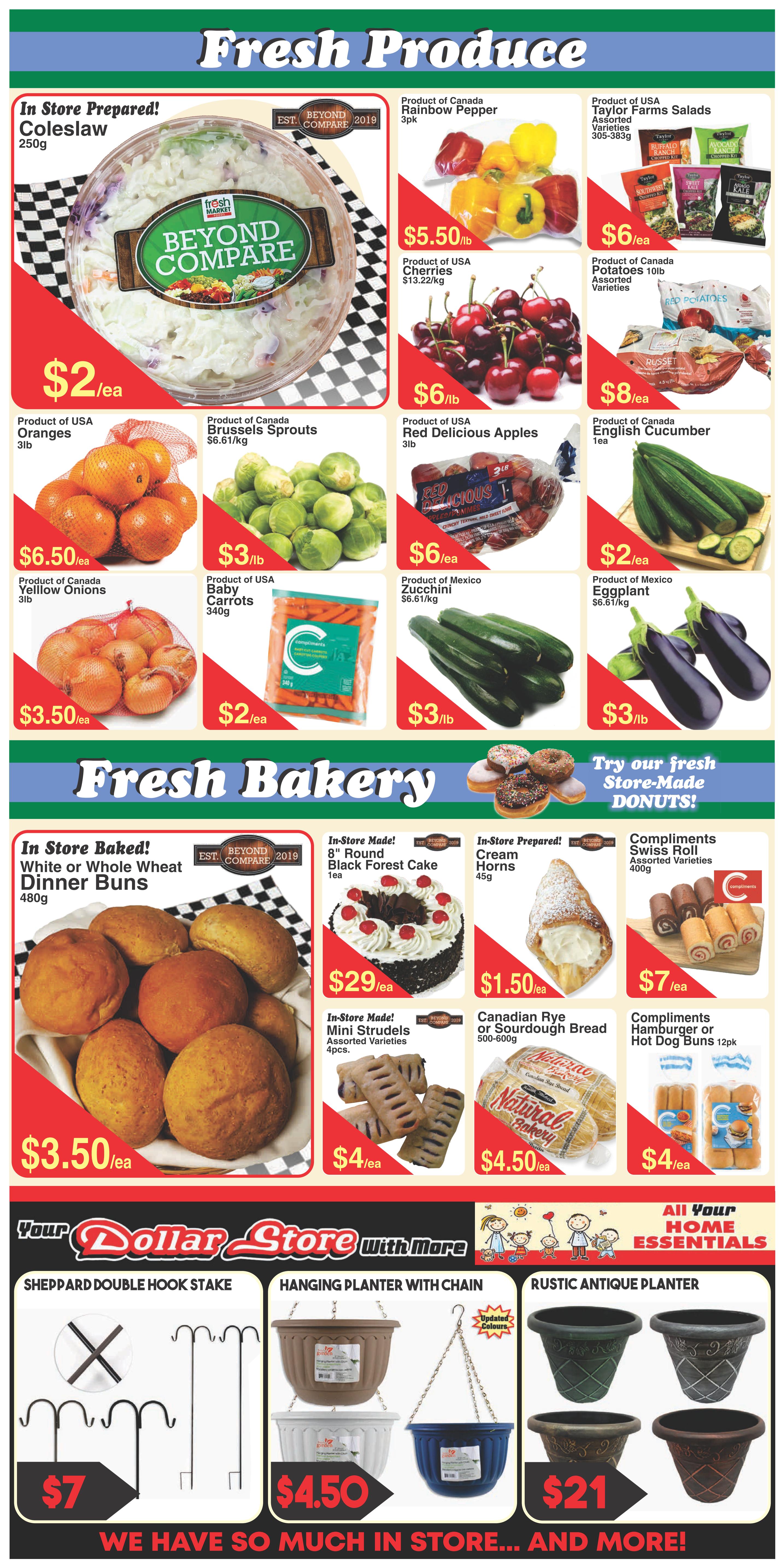 Fresh Market Foods weekly flyer specials, page 3. Fresh Produce section features: In Store Prepared! Coleslaw 250g for $2 each, Product of Canada Rainbow Pepper 3pk for $5.50/lb, Product of USA Taylor Farms Salads 305-383g for $6 each, Product of USA Oranges 3lb for $6.50 each, Product of Canada Brussels Sprouts $6.61/kg for $3/lb, Product of USA Red Delicious Apples 3lb for $6 each, Product of Canada Potatoes 10lb Assorted Varieties for $8 each, Product of Canada Yellow Onions 3lb for $3.50 each, Product of USA Baby Carrots 340g for $2 each, Product of Mexico Zucchini $6.61/kg for $3/lb, Product of Mexico Eggplant $6.61/kg for $3/lb, and Product of Canada English Cucumber 1ea for $2 each. Fresh Bakery section includes: In Store Baked! White or Whole Wheat Dinner Buns 480g for $3.50 each, In-Store Made! 8' Round Black Forest Cake 1ea for $29 each, In-Store Prepared! Cream Horns 45g for $1.50 each, Compliments Swiss Roll Assorted Varieties 400g for $7 each, In-Store Made! Mini Strudels Assorted Varieties 4pcs for $4 each, Canadian Rye or Sourdough Bread 500-600g for $4.50 each, and Compliments Hamburger or Hot Dog Buns 12pk for $4 each. The flyer also highlights 'Your Dollar Store With More' home essentials, featuring Sheppard Double Hook Stake for $7, Hanging Planter with Chain for $4.50, and Rustic Antique Planter for $21.