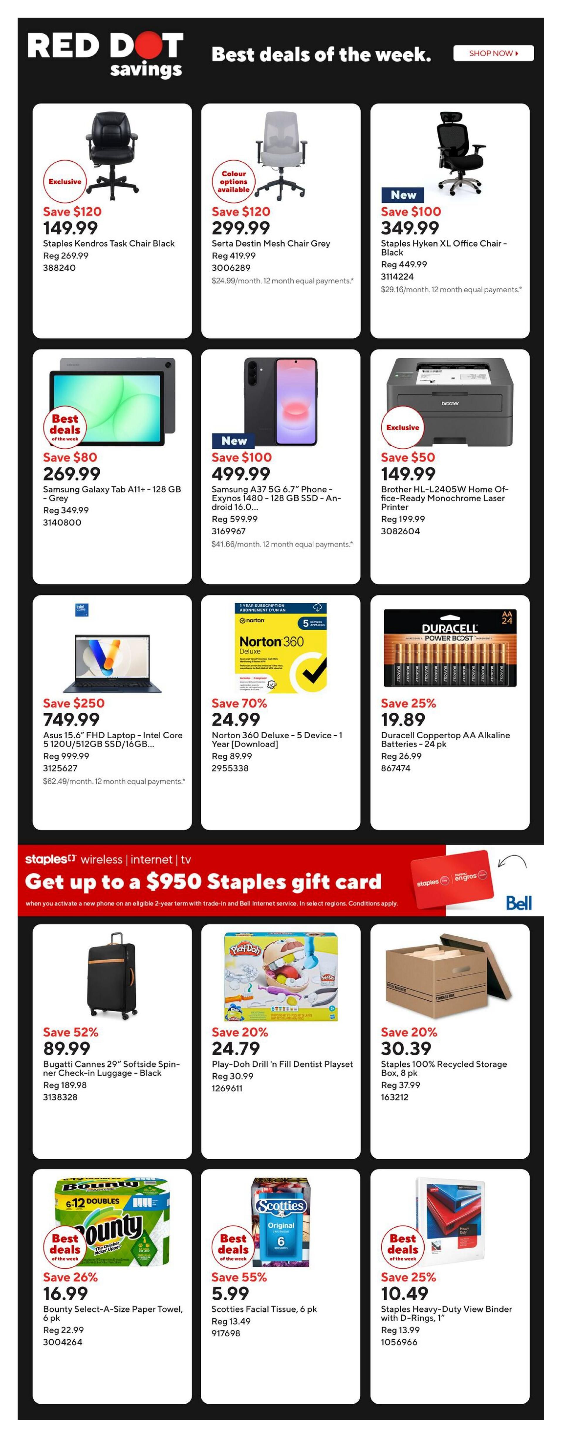 Staples weekly flyer page 2 featuring 'Red Dot Savings' and 'Best deals of the week'. Top row includes Staples Kendros Task Chair Black for $149.99 (Save $120), Serta Destin Mesh Chair Grey for $299.99 (Save $120), and Staples Hyken XL Office Chair - Black for $349.99 (Save $100). Middle row showcases Samsung Galaxy Tab A11+ - 128 GB - Grey for $269.99 (Save $80), Samsung A37 5G 6.7' Phone - Exynos 1480 - 128 GB SSD - Android 16.0... for $499.99 (Save $100), Brother HL-L2405W Home Office-Ready Monochrome Laser Printer for $149.99 (Save $50), Asus 15.6' FHD Laptop - Intel Core i5 120U/512GB SSD/16GB... for $749.99 (Save $250), Norton 360 Deluxe - 5 Device - 1 Year [Download] for $24.99 (Save 70%), and Duracell Coppertop AA Alkaline Batteries - 24 pk for $19.89 (Save 25%). Below is a promotion for 'Get up to a $950 Staples gift card' with phone activation and Bell internet service. The bottom row features Bugatti Cannes 29' Softside Spinner Check-in Luggage - Black for $89.99 (Save 52%), Play-Doh Drill 'n Fill Dentist Playset for $24.79 (Save 20%), Staples 100% Recycled Storage Box, 8 pk for $30.39 (Save 20%), Bounty Select-A-Size Paper Towel, 6 pk for $16.99 (Save 26%), Scotties Facial Tissue, 6 pk for $5.99 (Save 55%), and Staples Heavy-Duty View Binder with D-Rings, 1' for $10.49 (Save 25%).
