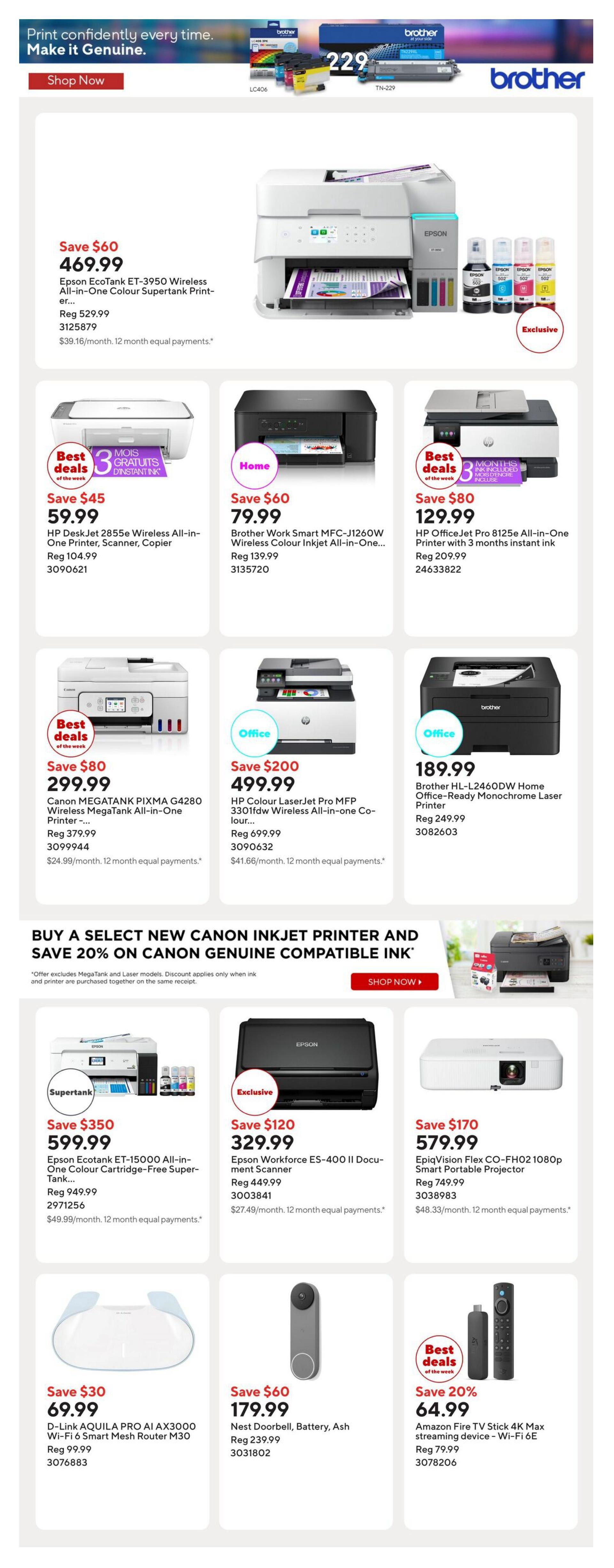 Staples Weekly Flyer Specials Page 10 features a selection of printers and smart home devices. Top row includes Epson EcoTank ET-3950 Wireless All-in-One Colour Supertank Printer for $469.99 (reg $529.99), HP DeskJet 2855e Wireless All-in-One Printer, Scanner, Copier for $59.99 (reg $104.99), Brother Work Smart MFC-J1260W Wireless Colour Inkjet All-in-One for $79.99 (reg $139.99), and HP OfficeJet Pro 8125e All-in-One Printer with 3 months instant ink for $129.99 (reg $209.99). Second row features Canon MEGATANK PIXMA G4280 Wireless MegaTank All-in-One Printer for $299.99 (reg $379.99), HP Colour LaserJet Pro MFP 3301fdw Wireless All-in-One Colour Laser Printer for $499.99 (reg $699.99), and Brother HL-L2460DW Home Office-Ready Monochrome Laser Printer for $189.99 (reg $249.99). A banner promotes buying a select new Canon Inkjet printer and genuine compatible ink to save 20%. The bottom row showcases Epson EcoTank ET-15000 All-in-One Colour Cartridge-Free Supertank Printer for $599.99 (reg $949.99), Epson Workforce ES-400 II Document Scanner for $329.99 (reg $449.99), EpiqVision Flex CO-FH02 1080p Smart Portable Projector for $579.99 (reg $749.99), D-Link AQUILA PRO AI AX3000 Wi-Fi 6 Smart Mesh Router M30 for $69.99 (reg $99.99), Nest Doorbell, Battery, Ash for $179.99 (reg $239.99), and Amazon Fire TV Stick 4K Max streaming device - Wi-Fi 6E for $64.99 (reg $79.99).