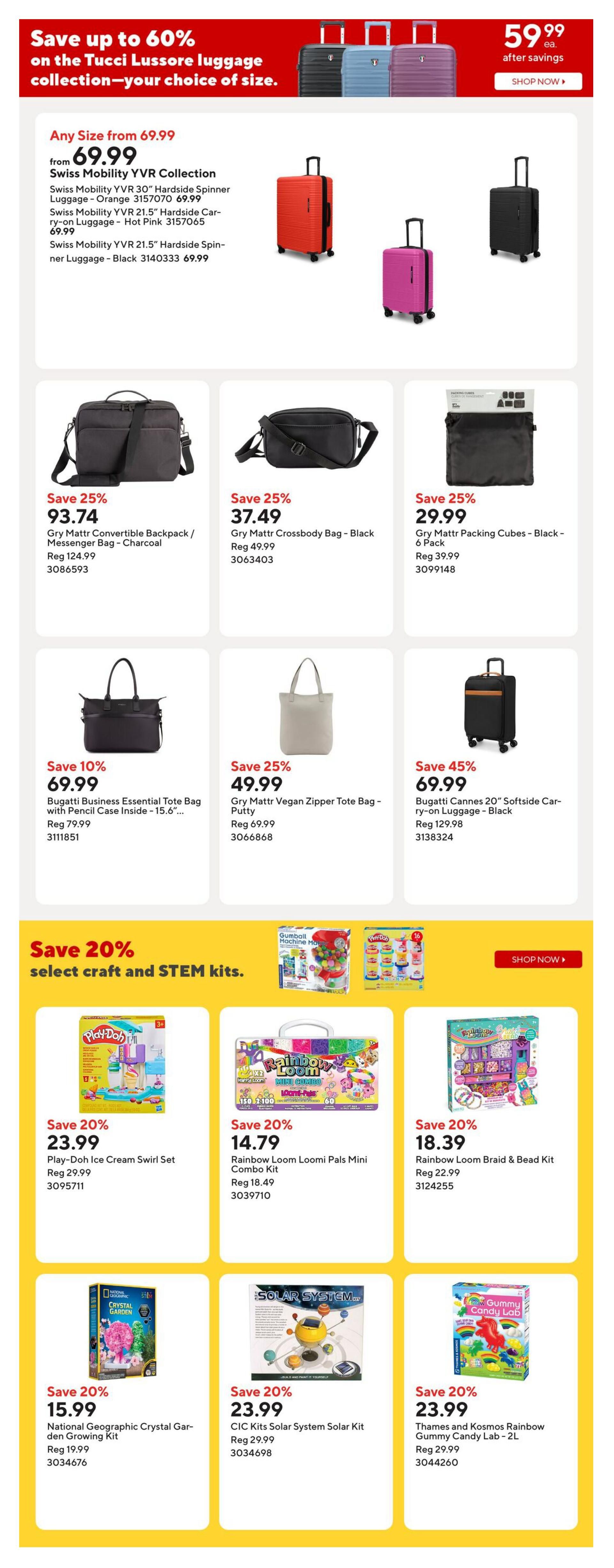 Staples Weekly Flyer Specials Page 11: Save up to 60% on Tucci Lussore luggage collection, starting from $69.99. Featured items include Swiss Mobility YVR Collection luggage in various sizes and colours, with prices starting at $69.99 for the 30' Hardside Spinner Luggage - Orange and 21.5' Hardside Spinner Luggage - Black. Also available are Gry Mattr Convertible Backpack/Messenger Bag - Charcoal for $93.74 (save 25%), Gry Mattr Crossbody Bag - Black for $37.49 (save 25%), Gry Mattr Packing Cubes - Black - 6 Pack for $29.99 (save 25%), Bugatti Business Essential Tote Bag with Pencil Case Inside - 15.6' for $69.99 (save 25%), and Gry Mattr Vegan Zipper Tote Bag - Putty for $49.99 (save 25%). Bugatti Cannes 20' Softside Carry-on Luggage - Black is $69.99 (save 45%). Save 20% on select craft and STEM kits, including Play-Doh Ice Cream Swirl Set for $23.99, Rainbow Loom Loomi Pals Mini Combo Kit for $14.79, Rainbow Loom Braid & Bead Kit for $18.39, National Geographic Crystal Garden Growing Kit for $15.99, CIC Kits Solar System Solar Kit for $23.99, and Thames and Kosmos Rainbow Gummy Candy Lab - 2L for $23.99.