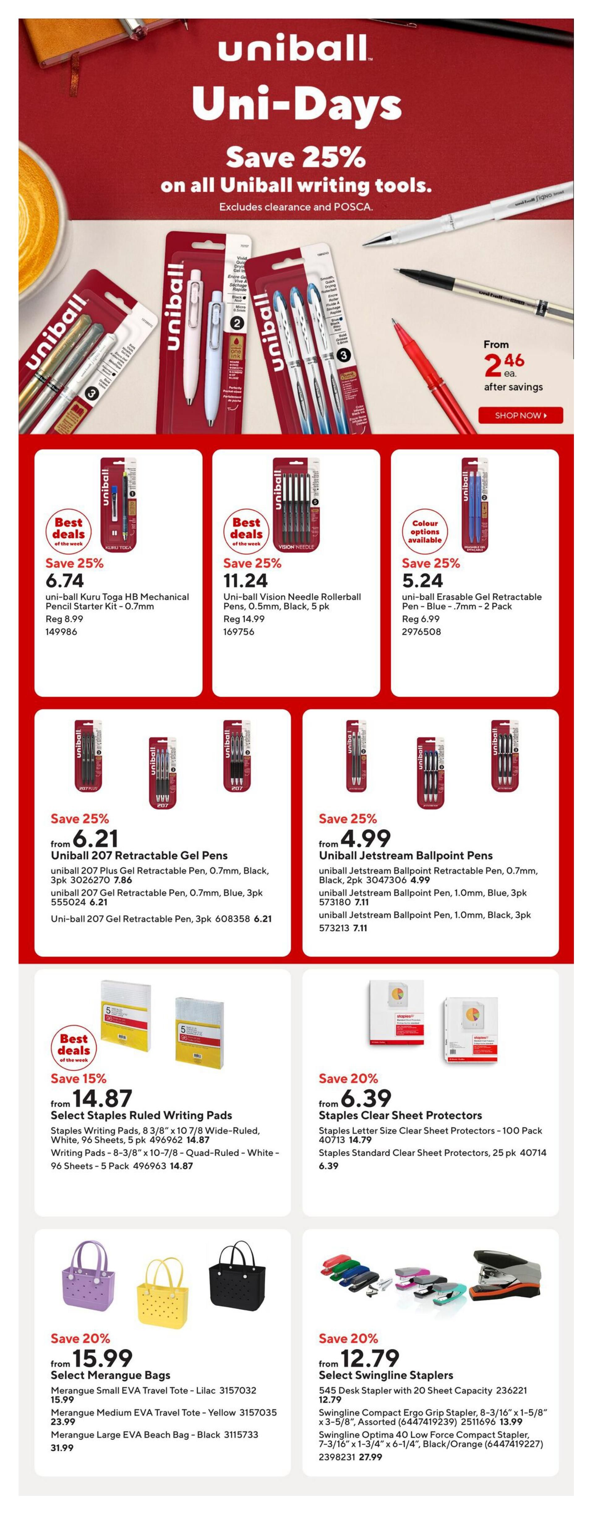 Staples Uni-Days sale on Uniball writing tools, save 25%. Featured products include Uniball Kuru Toga HB Mechanical Pencil Starter Kit for $6.74 (reg. $8.99), Uniball Vision Needle Rollerball Pens (0.5mm, Black, 5 pk) for $11.24 (reg. $14.99), and Uniball Erasable Gel Retractable Pen (Blue, 7mm, 2 pk) for $5.24 (reg. $6.99). Also on sale are Uniball 207 Retractable Gel Pens starting at $6.21 and Uniball Jetstream Ballpoint Pens starting at $4.99. Other deals include Select Staples Ruled Writing Pads for $14.87 (save 15%), Staples Clear Sheet Protectors for $6.39 (save 20%), Select Merangue Bags starting at $15.99 (save 20%), and Select Swingline Staplers starting at $12.79 (save 20%).