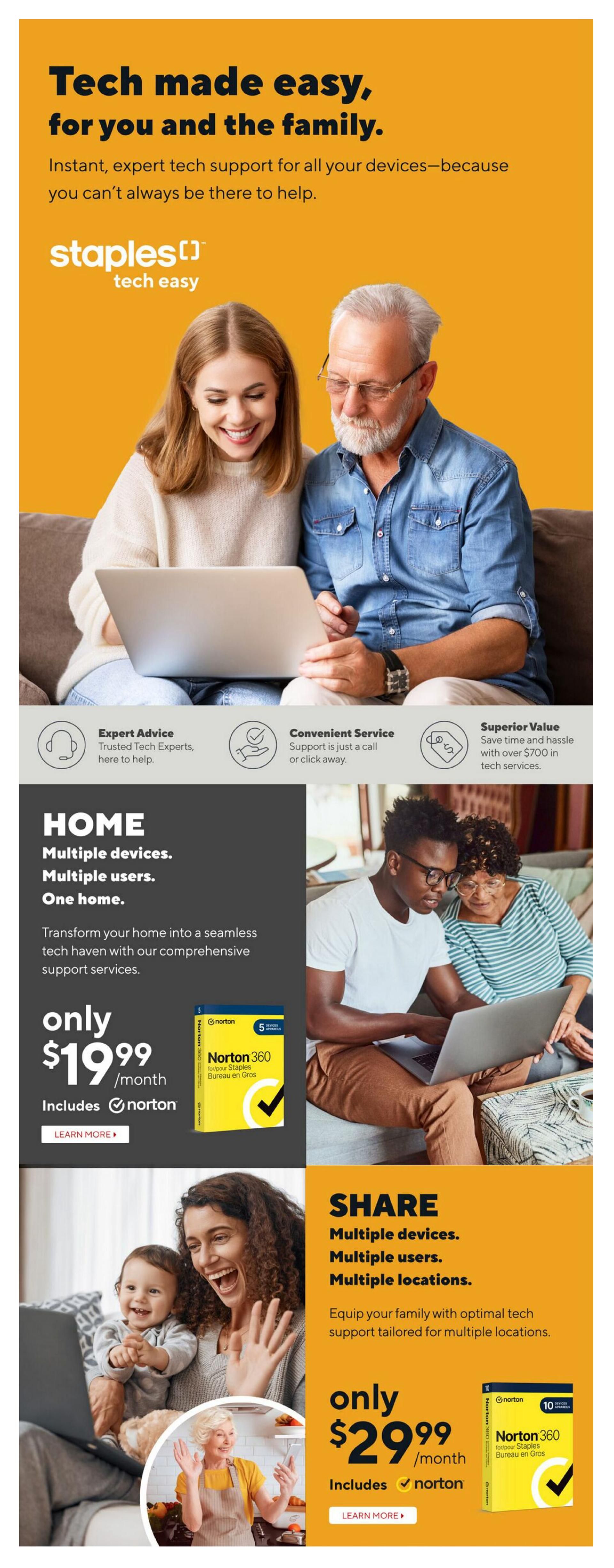 Staples Tech Easy flyer page featuring tech support solutions. The top section highlights 'Tech made easy, for you and the family' with icons for Expert Advice, Convenient Service, and Superior Value. The middle section promotes 'HOME' tech support for multiple devices and users, including Norton 360 for Staples, priced at $19.99/month. The bottom section advertises 'SHARE' tech support for multiple devices, users, and locations, also featuring Norton 360 for Staples, priced at $29.99/month. Images show families and individuals using laptops and video calls, emphasizing ease of use and connection.