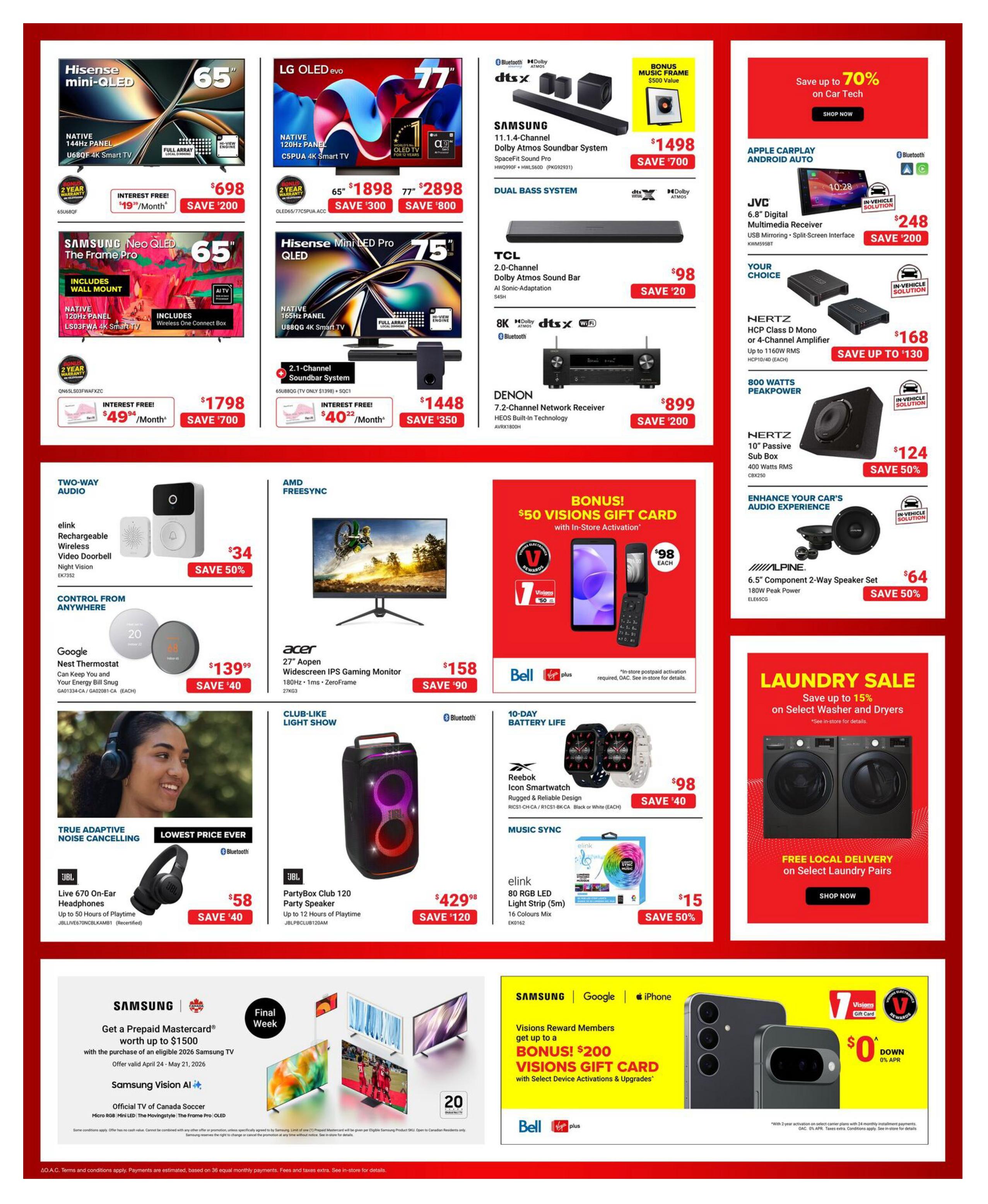 Visions Electronics weekly flyer specials page 2, featuring a variety of electronics. Top row includes Hisense 65' mini-LED QLED TV for $698, LG 65' OLED evo TV for $1898 and 77' OLED evo TV for $2898. Also featured is a Samsung Neo QLED The Frame Pro 65' TV for $1798. Other TVs include Hisense 75' mini-LED Pro QLED TV for $1448. Audio options include a Samsung 11.1.4-Channel Dolby Atmos Soundbar System for $1498, TCL 2.0-Channel Dolby Atmos Sound Bar for $98, and a Denon 7.2-Channel Network Receiver for $899. Car tech includes Apple CarPlay Android Auto for $248, Nertz HCP Class D Mono or 4-Channel Amplifier for $168, and Nertz 10' Passive Sub Box for $124. Home audio includes an elink Rechargeable Wireless Video Doorbell for $34. Google Nest Thermostat is $139.99. Acer 27' Aopen Widescreen IPS Gaming Monitor is $158. A club-like light show speaker is $429.98. Reebok Icon Smartwatch is $98. An elink 80 RGB LED Light Strip is $15. There's a bonus $50 Visions Gift Card with in-store activation. Also, save up to 70% on Car Tech and up to 15% on select laundry pairs with free local delivery. Samsung offers a final week deal: Get a Prepaid Mastercard worth up to $1500 with the purchase of an eligible 2026 Samsung TV. Visions Reward Members can get a bonus $200 Visions Gift Card with select device activations and upgrades, with 0% APR financing available.