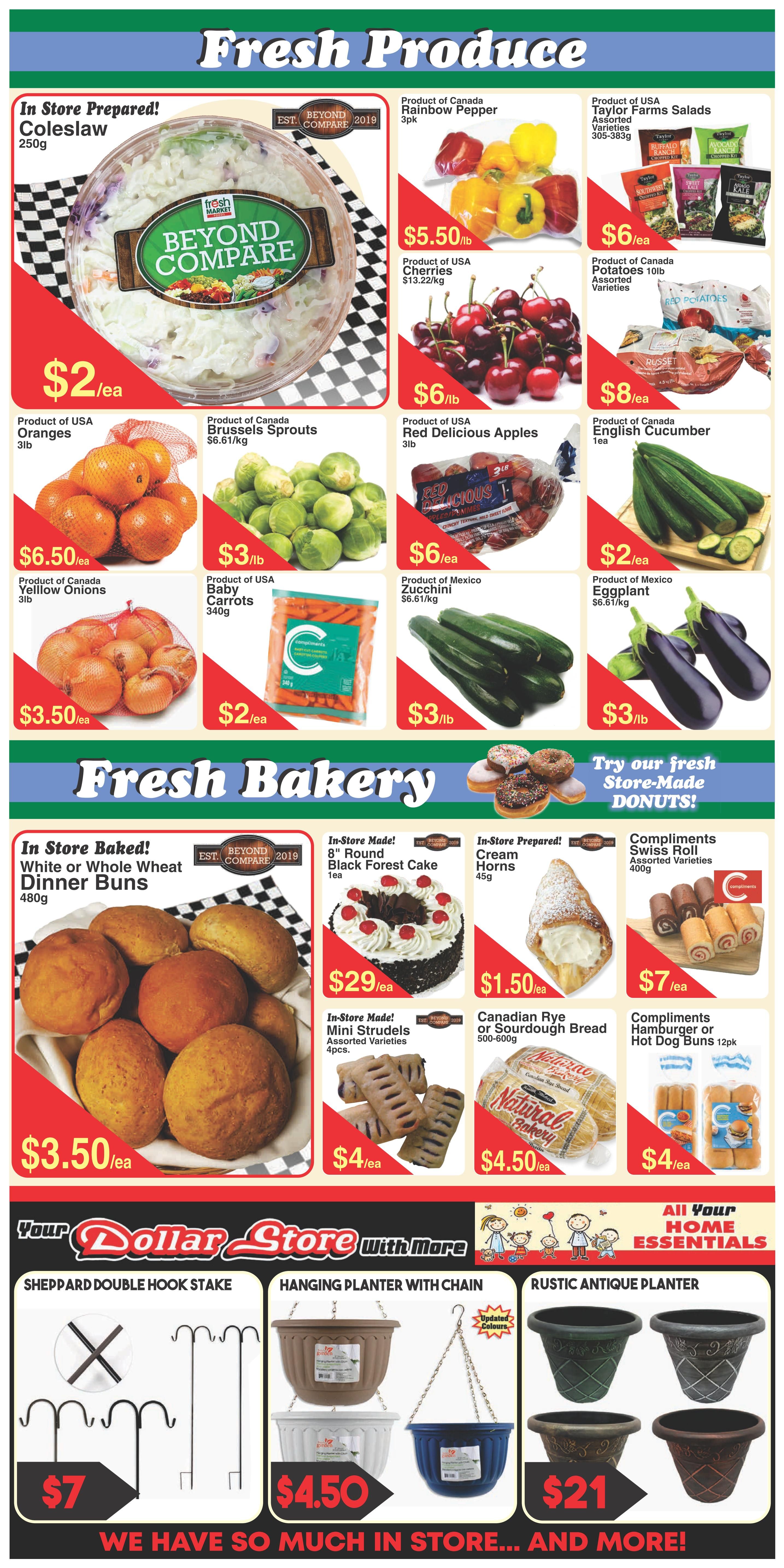 Fresh Market Foods weekly flyer specials page 3 features fresh produce and bakery items. Produce includes In Store Prepared! Coleslaw for $2/ea, Product of Canada Rainbow Pepper 3pk for $5.50/lb, Product of USA Taylor Farms Salads assorted varieties 305-383g for $6/ea, Product of USA Oranges 3lb for $6.50/ea, Product of Canada Brussels Sprouts 6.61/kg for $3/lb, Product of USA Red Delicious Apples 3lb for $6/ea, Product of Canada Potatoes 10lb assorted varieties for $8/ea, Product of Canada Yellow Onions 3lb for $3.50/ea, Product of USA Baby Carrots 340g for $2/ea, Product of Mexico Zucchini $6.61/kg for $3/lb, and Product of Mexico Eggplant $6.61/kg for $3/lb. Fresh Bakery items include In Store Baked! White or Whole Wheat Dinner Buns 480g for $3.50/ea, In-Store Made! 8' Round Black Forest Cake 1ea for $29/ea, In-Store Prepared! Cream Horns 45g for $1.50/ea, Compliments Swiss Roll assorted varieties 400g for $7/ea, In-Store Made! Mini Strudels assorted varieties 4pcs for $4/ea, Natural Bakery Canadian Rye or Sourdough Bread 500-600g for $4.50/ea, and Compliments Hamburger or Hot Dog Buns 12pk for $4/ea. The page also highlights 'Try our fresh Store-Made DONUTS!' and 'Your Dollar Store With More' section with Sheppard Double Hook Stake for $7, Hanging Planter with Chain for $4.50, and Rustic Antique Planter for $21, all part of 'All Your HOME ESSENTIALS'.