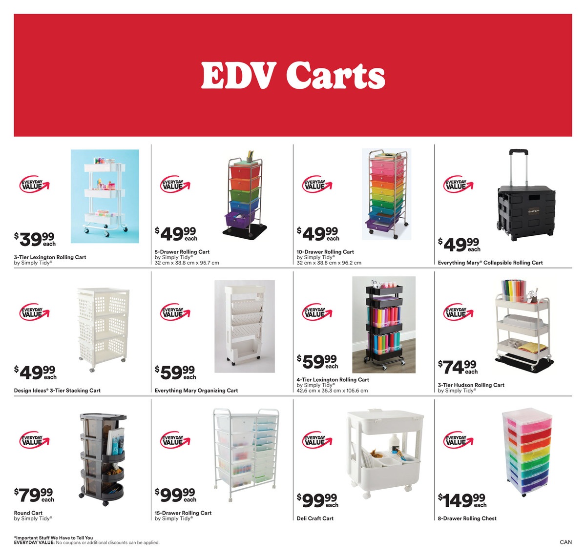 Michaels flyer page 4 featuring EDV Carts. Products include a 3-Tier Lexington Rolling Cart for $39.99, a 5-Drawer Rolling Cart by Simply Tidy for $49.99, a 10-Drawer Rolling Cart by Simply Tidy for $49.99, and the Everything Mary Collapsible Rolling Cart for $49.99. Also available are Design Ideas 3-Tier Stacking Cart for $49.99, Everything Mary Organizing Cart for $59.99, a 4-Tier Lexington Rolling Cart by Simply Tidy for $59.99, and a 3-Tier Hudson Rolling Cart by Simply Tidy for $74.99. Additional items include a Round Cart by Simply Tidy for $79.99, a 15-Drawer Rolling Cart by Simply Tidy for $99.99, a Deli Craft Cart for $99.99, and an 8-Drawer Rolling Chest for $149.99. Note that 'Everyday Value' items may not be eligible for additional discounts.
