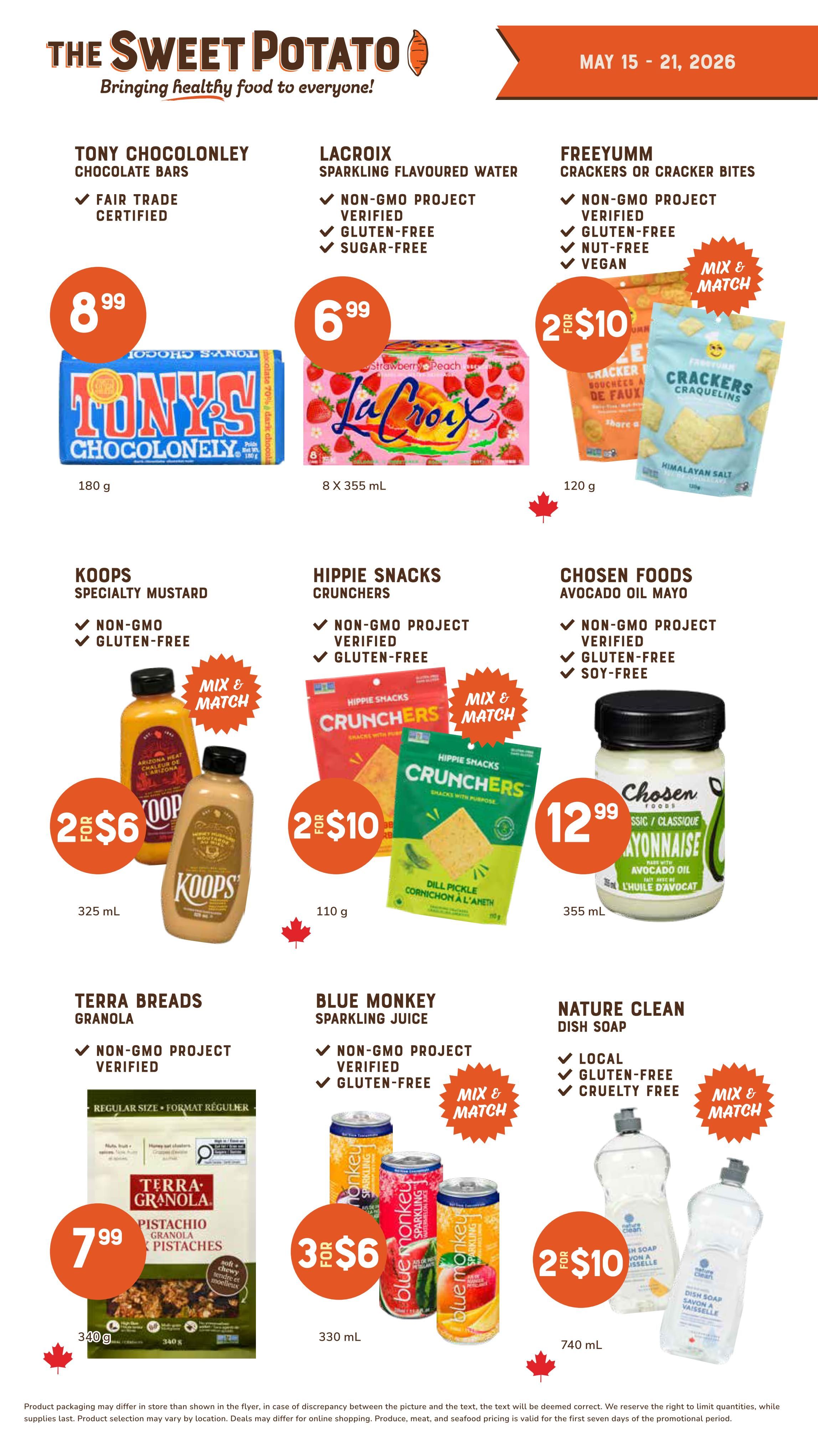 The Sweet Potato weekly flyer specials, page 6, featuring Tony Chocolonley Chocolate Bars for $8.99, La Croix Sparkling Flavoured Water for $6.99, and Freeyumm Crackers or Cracker Bites on a Mix & Match deal for 2 for $10. Also available are Koops Specialty Mustard, on a Mix & Match deal for 2 for $6, and Hippie Snacks Crunchers, also on a Mix & Match deal for 2 for $10. Chosen Foods Avocado Oil Mayo is priced at $12.99. Terra Breads Granola (Pistachio) is on sale for $7.99. Blue Monkey Sparkling Juice is available on a Mix & Match deal for 3 for $6, and Nature Clean Dish Soap is on a Mix & Match deal for 2 for $10.