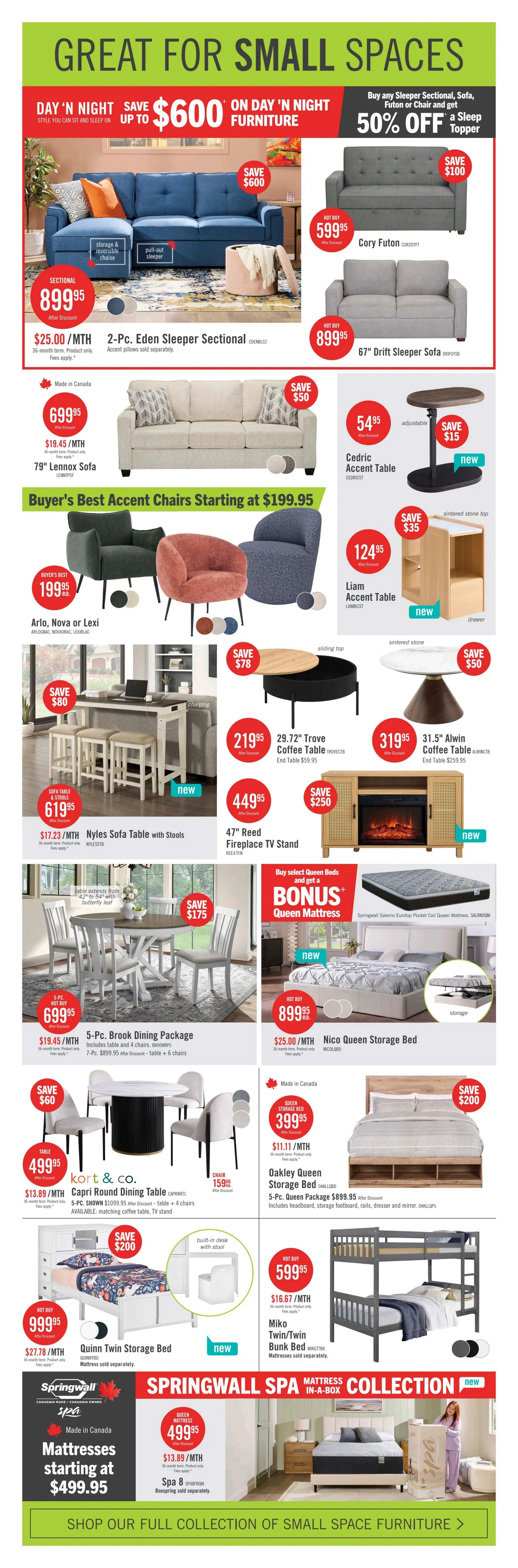 The Brick weekly flyer specials page 7 features great deals on furniture for small spaces. Save up to $600 on Day 'n Night furniture. Featured is the 2-Pc. Eden Sleeper Sectional for $899.95, with a $600 savings. Also available is the 67' Drift Sleeper Sofa for $899.95, saving $100. The 79' Lennox Sofa is on sale for $699.95, saving $50. Accent chairs start at $199.95, including the Arlo, Nova, or Lexi chairs. Coffee tables include the 29.72' Trove Coffee Table for $219.95 and the 31.5' Alwin Coffee Table for $319.95, saving $50. The 47' Reed Fireplace TV Stand is $449.95, saving $250. Dining sets include the 5-Pc. Brook Dining Package for $699.95 and the Kort & Co. Capri Round Dining Table for $499.95 with chairs for $159.95 each. Bedroom furniture includes the Nico Queen Storage Bed for $899.95, the Oakley Queen Storage Bed for $399.95, and the Quinn Twin Storage Bed for $999.95. The Springwall Spa Mattress Collection features mattresses starting at $499.95, including the Spa 8 Boxspring for $499.95. The Miko Twin/Twin Bunk Bed is $599.95. Shop the full collection of small space furniture.