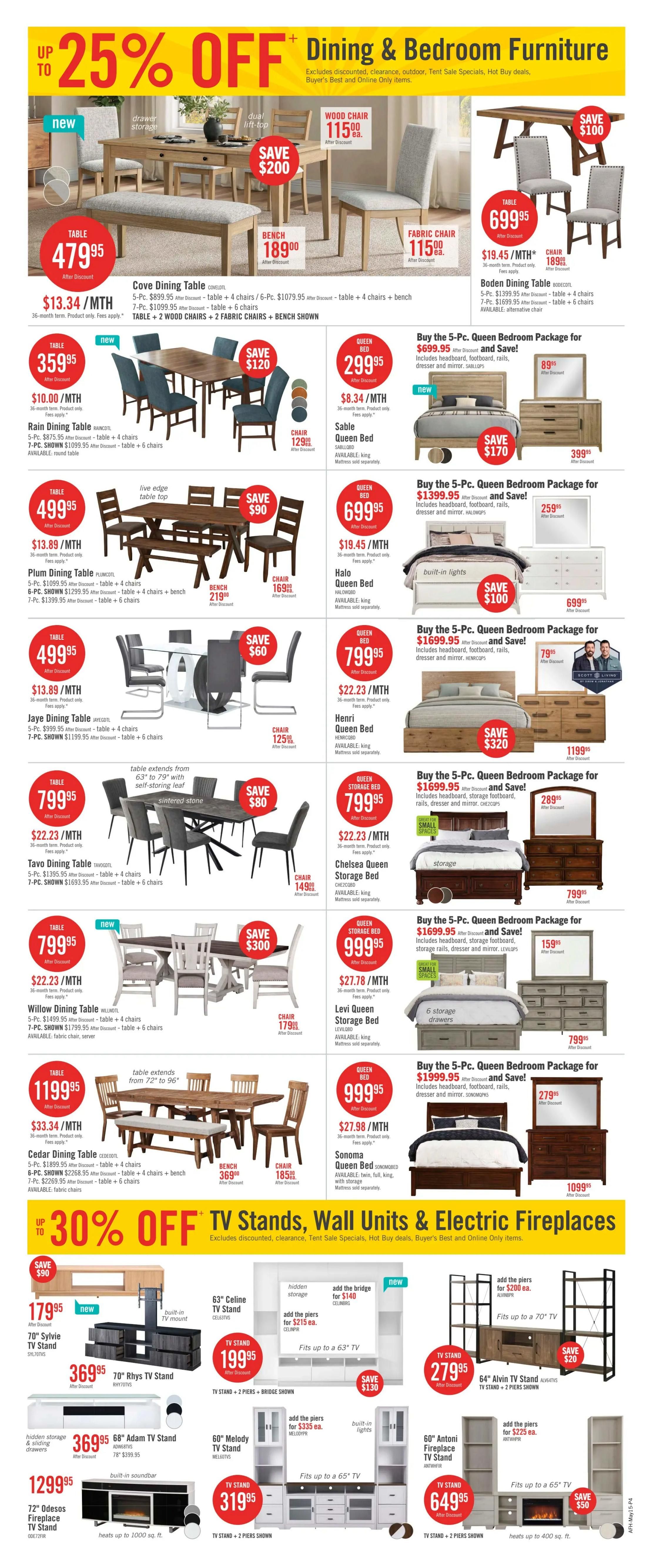 The Brick weekly flyer specials, page 8, featuring up to 25% off Dining & Bedroom Furniture. Highlights include the Cove Dining Table for $479.95, Rain Dining Table for $359.95, Plum Dining Table for $499.95, Jaye Dining Table for $499.95, Tavo Dining Table for $799.95, Willow Dining Table for $799.95, and Cedar Dining Table for $1199.95. Also featured are various Queen Bedroom Packages starting at $699.95, including the Sable Queen Bed, Halo Queen Bed, Henri Queen Bed, Chelsea Queen Storage Bed, Levi Queen Storage Bed, and Sonoma Queen Bed. The flyer also offers up to 30% off TV Stands, Wall Units & Electric Fireplaces, with items like the 63' Celine TV Stand for $199.95, 70' Sylvie TV Stand for $179.95, 70' Rhys TV Stand for $369.95, 68' Adam TV Stand for $369.95, 72' Odesos Fireplace TV Stand for $1299.95, 60' Melody TV Stand for $319.95, 64' Alvin TV Stand for $279.95, and 60' Antoni Fireplace TV Stand for $649.95.