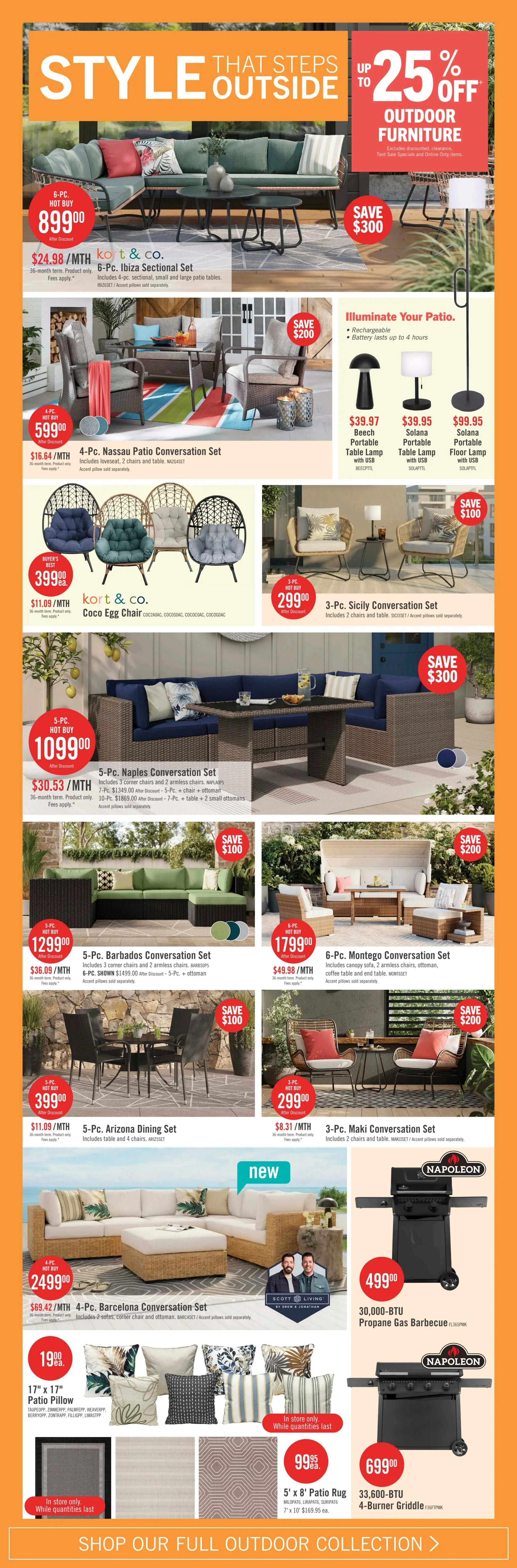 The Brick weekly flyer specials page 9 features up to 25% off outdoor furniture. Highlights include the 6-Pc. Ibiza Sectional Set for $899.00, save $300. The 4-Pc. Nassau Patio Conversation Set is $599.00, save $200. K&CO. Coco Egg Chairs are $399.00. The 3-Pc. Sicily Conversation Set is $299.00, save $100. The 5-Pc. Naples Conversation Set is $1099.00, save $300. The 5-Pc. Barbados Conversation Set is $1299.00, save $100. The 6-Pc. Montego Conversation Set is $1799.00, save $200. The 5-Pc. Arizona Dining Set is $399.00, save $100. The 3-Pc. Maki Conversation Set is $299.00, save $100. New arrivals include the 4-Pc. Barcelona Conversation Set for $2499.00. Illuminate your patio with the Beech Portable Table Lamp for $39.97, Solana Portable Table Lamp for $39.95, and Solana Portable Floor Lamp for $99.95. Also featured are 17' x 17' Patio Pillows starting at $19.00 each, available in store only while quantities last. A 5' x 8' Patio Rug is $99.95. Napoleon propane gas barbecues are also on sale, with a 30,000-BTU model for $499.00 and a 33,600-BTU 4-Burner Griddle for $699.00.