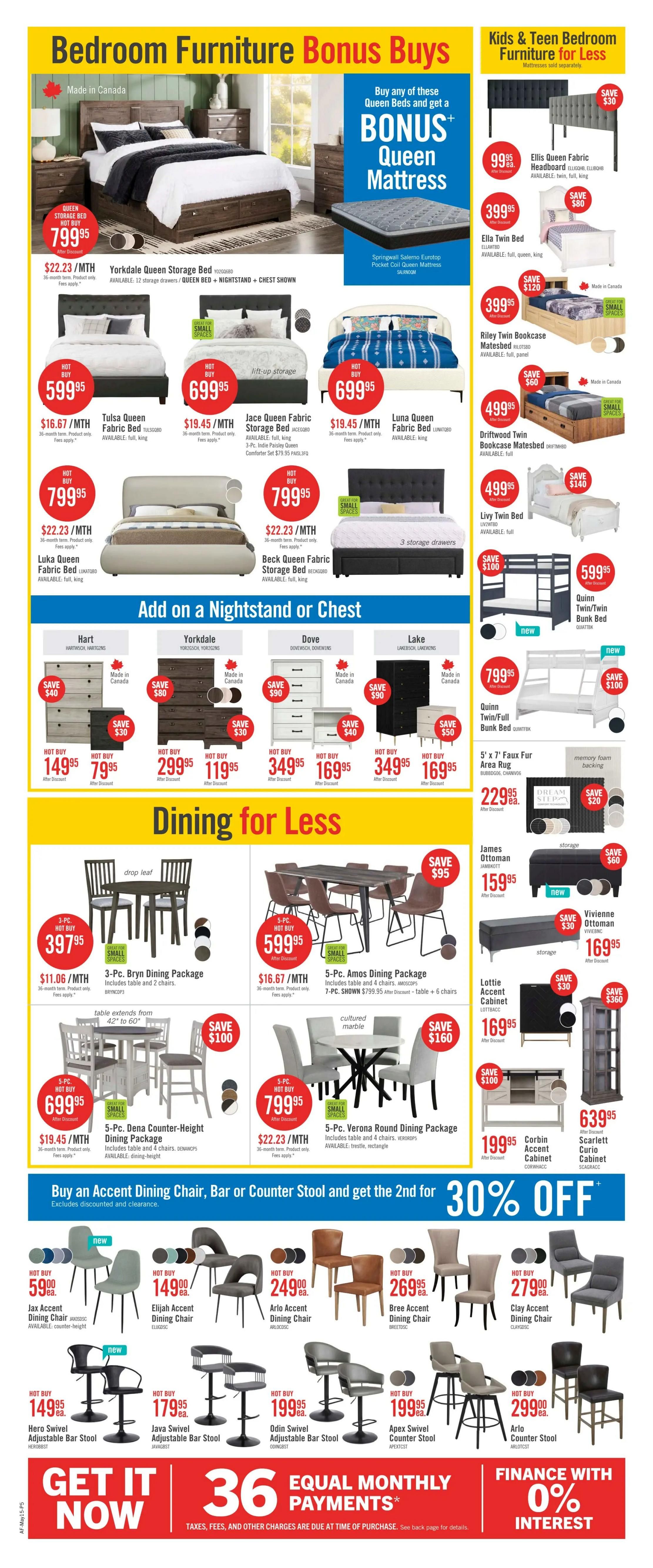 The Brick weekly flyer specials page 10 features Bedroom Furniture Bonus Buys with a 'Buy any of these Queen Beds and get a BONUS Queen Mattress' offer. Featured beds include the Yorkdale Queen Storage Bed for $799.95, Tulsa Queen Fabric Bed for $599.95, Jace Queen Fabric Storage Bed for $699.95, Luna Queen Fabric Bed for $699.95, Luka Queen Fabric Bed for $799.95, and Beck Queen Fabric Storage Bed for $799.95. Kids & Teen Bedroom Furniture for Less includes the Ellis Queen Fabric Headboard for $99.95, Ella Twin Bed for $399.95, Riley Twin Bookcase Matesbed for $399.95, Driftwood Twin Bookcase Matesbed for $499.95, and Livvy Twin Bed for $499.95. Also featured are Quinn Twin/Twin Bunk Beds for $599.95 and $799.95. Add on a Nightstand or Chest with options like the Hart for $149.95 or $79.95, Yorkdale for $299.95 or $119.95, Dove for $349.95 or $169.95, and Lake for $349.95 or $169.95. The page also highlights Dining for Less with the 3-Pc. Bryn Dining Package for $397.95, 5-Pc. Amos Dining Package for $599.95, 5-Pc. Dena Counter-Height Dining Package for $699.95, and 5-Pc. Verona Round Dining Package for $799.95. Accent pieces include the James Ottoman for $159.95, Vivienne Ottoman for $169.95, Lottie Accent Cabinet for $169.95, Corbin Accent Cabinet for $199.95, and Scarlett Curio Cabinet for $639.95. A special offer 'Buy an Accent Dining Chair, Bar or Counter Stool and get the 2nd for 30% OFF' includes Jax Accent Dining Chair for $59.99, Elijah Accent Dining Chair for $149.99, Arlo Accent Dining Chair for $249.99, Bree Accent Dining Chair for $269.95, Clay Accent Dining Chair for $279.99, Hero Swivel Adjustable Bar Stool for $149.95, Java Swivel Adjustable Bar Stool for $179.95, Odin Swivel Adjustable Bar Stool for $199.95, and Apex Swivel Counter Stool for $199.95. The page also promotes 'Get It Now, 36 Equal Monthly Payments' and 'Finance with 0% Interest.