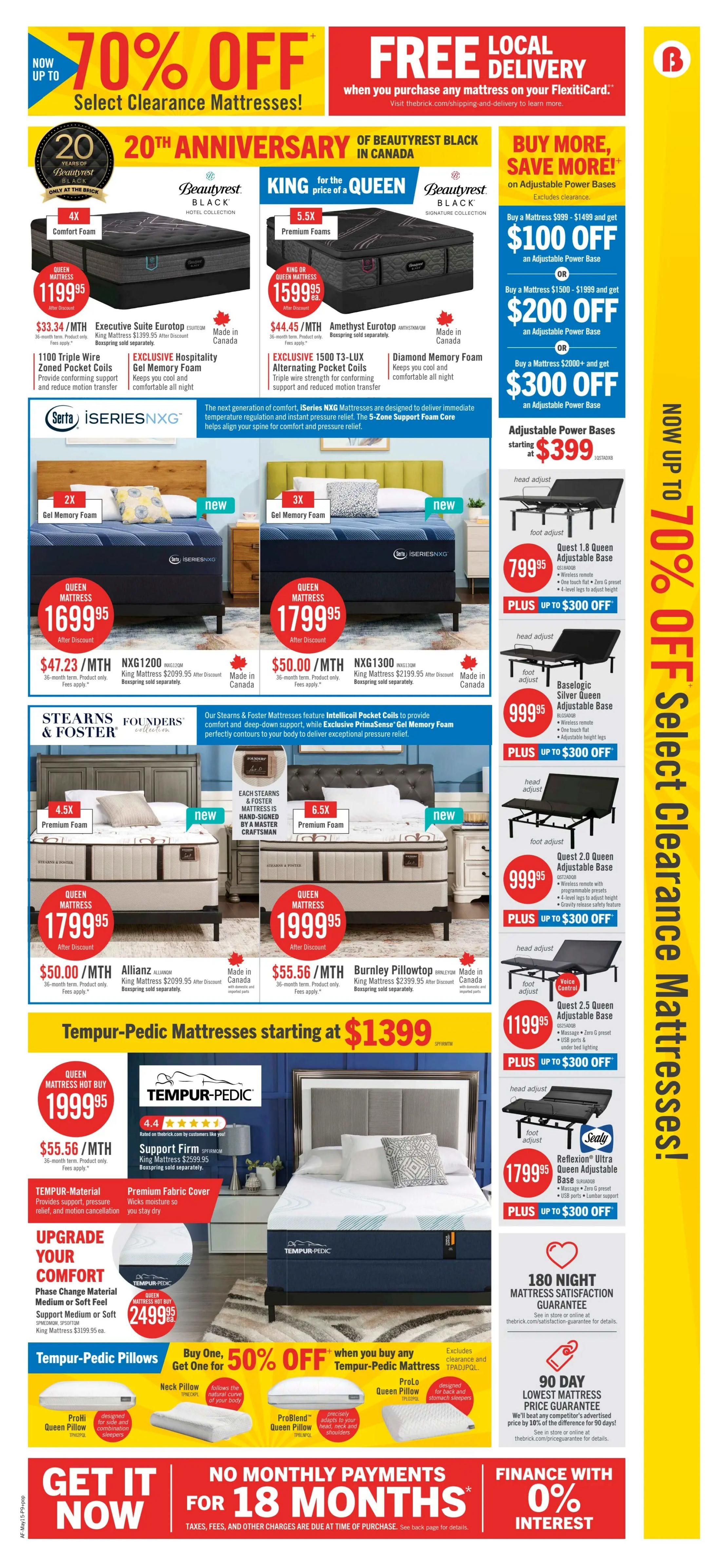 The Brick weekly flyer specials page 13 features up to 70% off select clearance mattresses. Offers include Beautyrest Black Hotel Collection Queen Mattress for $1199.95 and King Mattress for $1599.95. Serta iSeries NXG Queen Mattresses are available for $1699.95 and $1799.95. Stearns & Foster Founders Collection Queen Mattresses are priced at $1799.95 and $1999.95. Tempur-Pedic Mattresses start at $1399, with a Queen Mattress Hot Buy for $1999.95 and a Support Firm Queen Mattress for $2599.95. Upgrade your comfort with a Queen Mattress for $2499.95. Buy one Tempur-Pedic Pillow, get one 50% off, including ProLo Queen Pillow, Neck Pillow, and ProBlend Queen Pillow. Proto Queen Pillow is $199.95. Adjustable Power Bases start at $399, with Quest 1.8 Queen Adjustable Base for $799.95, Baselogic Silver Queen Adjustable Base for $999.95, and Sealy Reflexion Ultra Queen Adjustable Base for $1799.95. All adjustable bases offer plus up to $300 off. Financing options include no monthly payments for 18 months and 0% interest. Also features a 180-night mattress satisfaction guarantee and a 90-day lowest mattress price guarantee. Free local delivery is available with any mattress purchase on FlexitiCard.