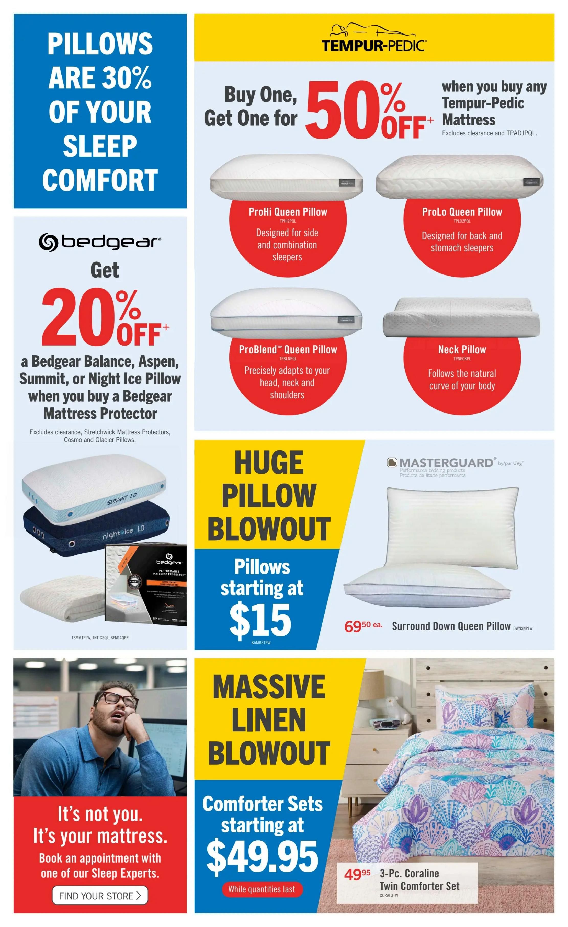 The Brick flyer page 5 features a large selection of pillows and bedding. Save 30% on all pillows. Tempur-Pedic offers a Buy One, Get One for 50% off deal on Tempur-Pedic mattresses, including the ProHi Queen Pillow, ProLo Queen Pillow, ProBlend Queen Pillow, and Neck Pillow. Bedgear offers 20% off select pillows like the Balance, Aspen, Summit, or Night Ice when you buy a Bedgear Mattress Protector. Pillows are starting at $15 as part of a huge pillow blowout. Also featured is the Masterguard Surround Down Queen Pillow for $6.95 each. In the linen section, find comforter sets starting at $49.95, including the 3-Pc. Coraline Twin Comforter Set for $49.95. The page also includes an ad to book an appointment with a Sleep Expert, stating 'It's not you. It's your mattress.