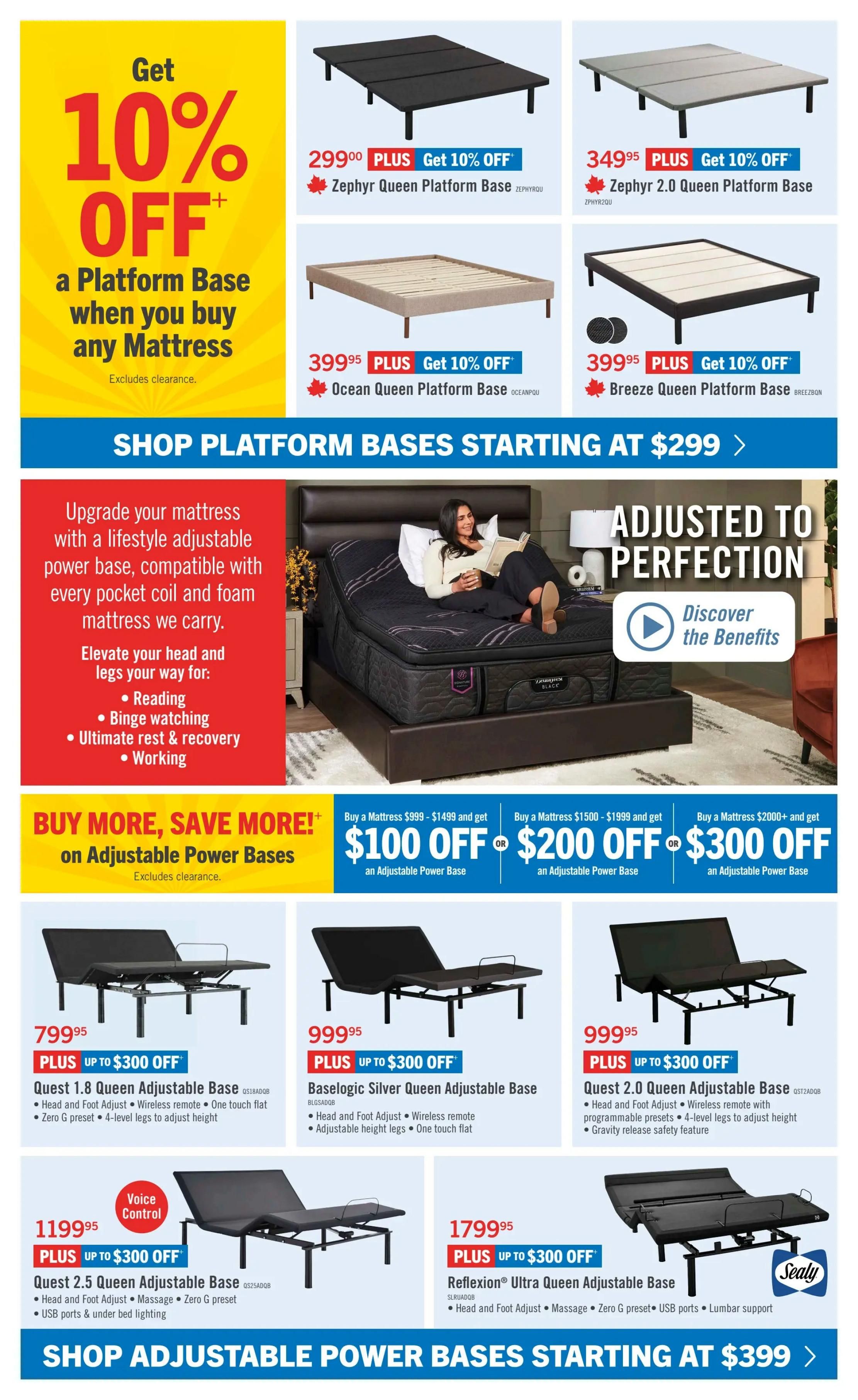 The Brick flyer page 6 features a promotion: Get 10% off a platform base when you buy any mattress, excluding clearance items. Featured platform bases include the Zephyr Queen Platform Base for $299.95, the Zephyr 2.0 Queen Platform Base for $349.95, the Ocean Queen Platform Base for $399.95, and the Breeze Queen Platform Base for $399.95, all with a 10% discount. The page also highlights adjustable power bases starting at $299, with a 'Buy More, Save More' offer: get $100 off an adjustable power base with a mattress purchase of $999-$1499, $200 off with a $1500-$1999 mattress purchase, or $300 off with a $2000+ mattress purchase. Several adjustable power bases are showcased: the Quest 1.8 Queen Adjustable Base for $799.95, the Baselogic Silver Queen Adjustable Base for $999.95, the Quest 2.0 Queen Adjustable Base for $999.95, the Quest 2.5 Queen Adjustable Base with Voice Control for $1199.95, and the Reflexion Ultra Queen Adjustable Base for $1799.95. All listed adjustable power bases offer up to $300 off and include features like head and foot adjust, wireless remotes, and multiple leg height adjustments.