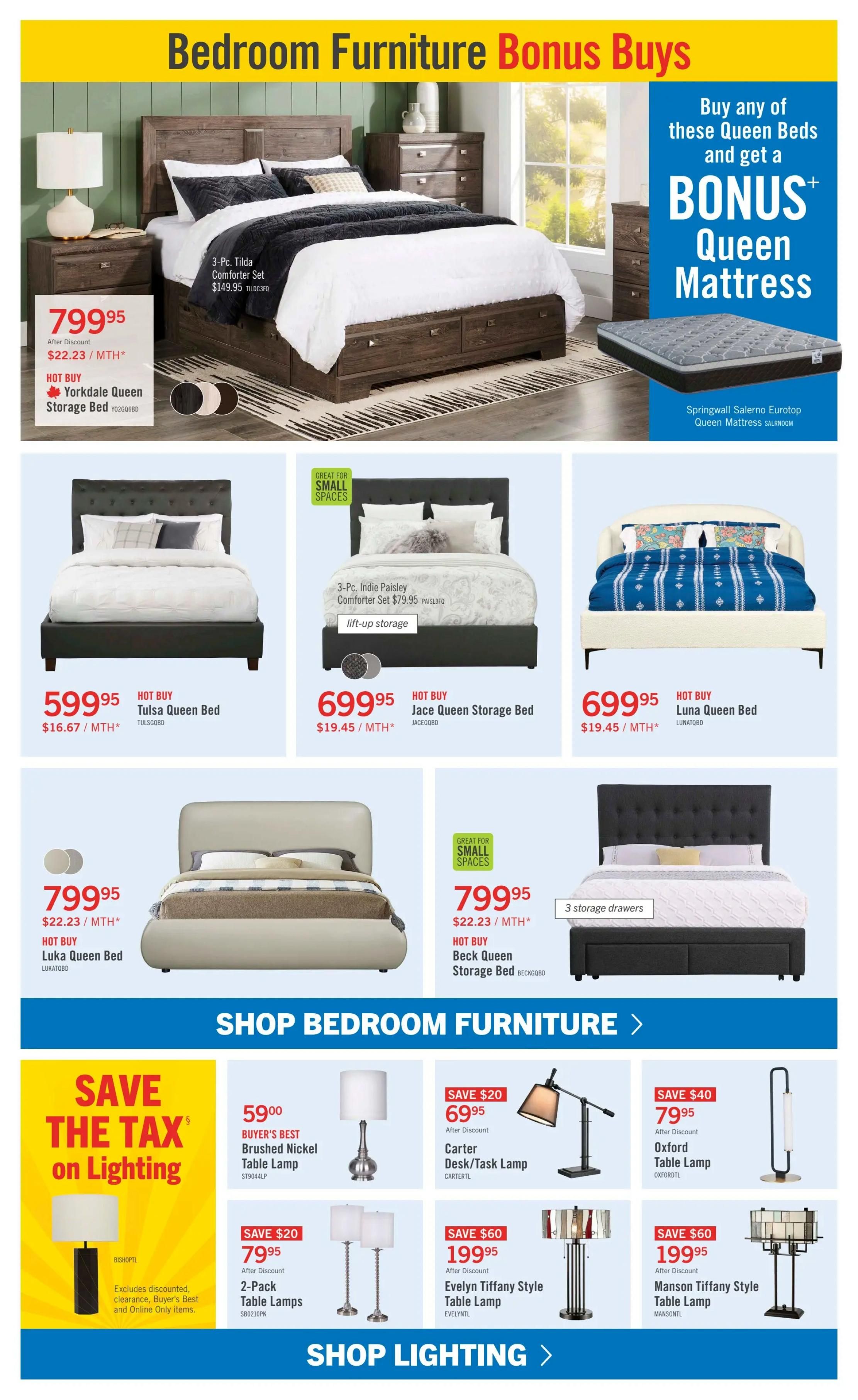 The Brick flyer, Page 7: Bedroom Furniture Bonus Buys. Featured is the Yorkdale Queen Storage Bed for $799.95, with a bonus Springwall Salerno Eurotop Queen Mattress with the purchase of select Queen Beds. Other bedroom furniture includes the Tulsa Queen Bed for $599.95, Jace Queen Storage Bed for $699.95, Luna Queen Bed for $699.95, Luka Queen Bed for $799.95, and Beck Queen Storage Bed for $799.95. Also featured is a 3-Pc. Tilda Comforter Set for $149.95 and a 3-Pc. Indie Paisley Comforter Set for $79.95. The flyer also highlights 'Save the Tax' on lighting, with deals on a Buyer's Best Brushed Nickel Table Lamp for $59.00, Carter Desk/Task Lamp for $69.95 (save $20), Oxford Table Lamp for $79.95 (save $40), 2-Pack Table Lamps for $79.95 (save $20), Evelyn Tiffany Style Table Lamp for $199.95 (save $60), and Manson Tiffany Style Table Lamp for $199.95 (save $60).