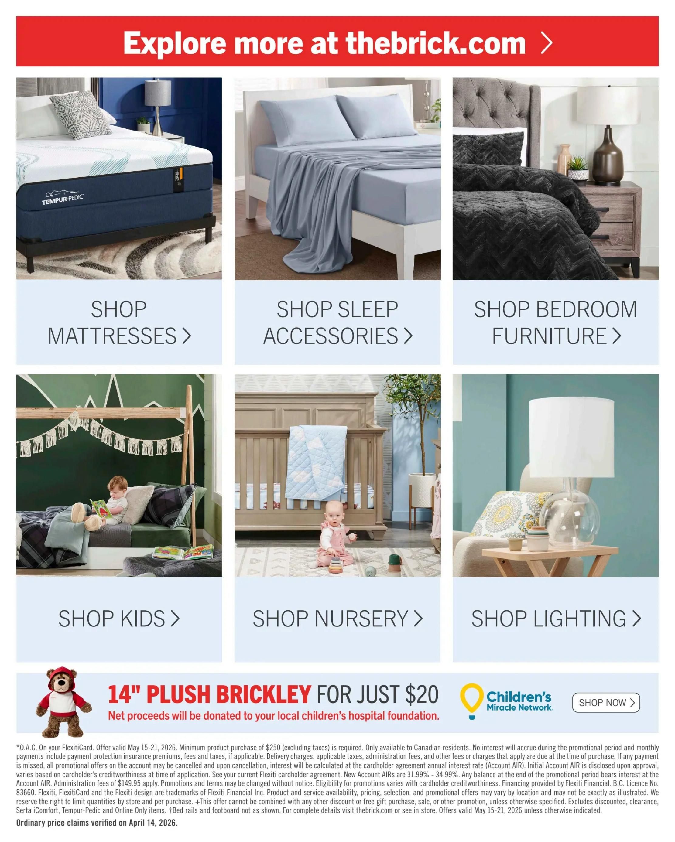 Explore more at thebrick.com. Page 8 of The Brick flyer features sections to shop mattresses, sleep accessories, bedroom furniture, kids' items, nursery products, and lighting. A featured promotion highlights the 14' Plush Brickley for just $20, with net proceeds donated to your local children's hospital foundation. Financial details and offer validity from May 15-21, 2026 are provided.