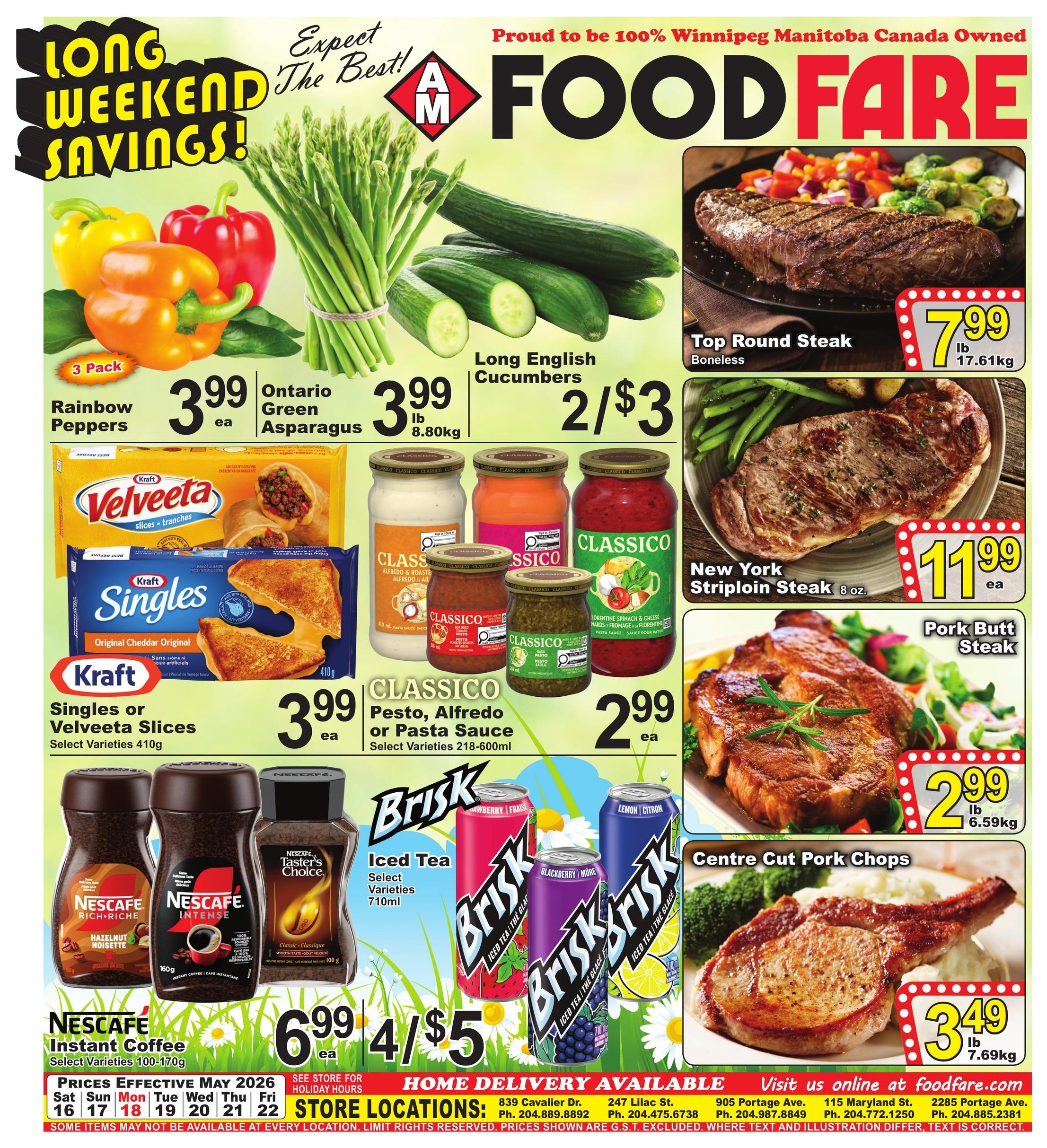Food Fare weekly flyer specials page 1 features 'Long Weekend Savings!'. Featured produce includes 3 pack Rainbow Peppers for $3.99 each, Ontario Green Asparagus for $3.99 lb, and Long English Cucumbers for 2 for $3. Meat specials include Boneless Top Round Steak for $7.99 lb, New York Striploin Steak 8 oz. for $11.99 each, and Centre Cut Pork Chops for $3.49 lb. Also on sale are Kraft Singles or Velveeta Slices (select varieties 410g) for $3.99 each, and Classico Pesto, Alfredo or Pasta Sauce (select varieties 218-600ml) for $2.99 each. Nescafé Instant Coffee (select varieties 100-170g) is on sale for $6.99 each. Brisk Iced Tea (select varieties 710ml) is 4 for $5. Prices are effective May 16-22, 2026. Home delivery is available. Store locations and contact information are provided.