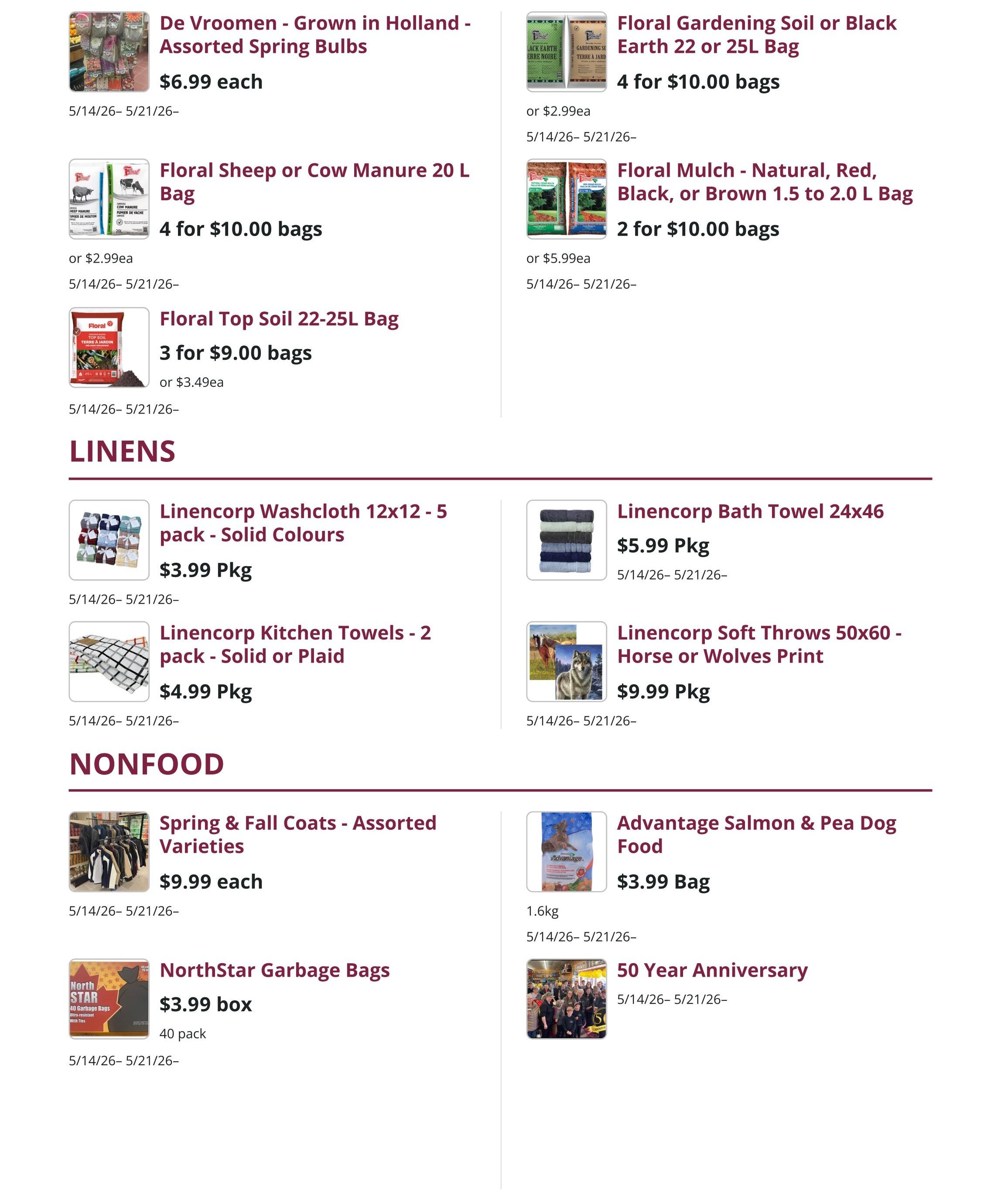 Mike Dean Local Grocer weekly flyer specials page 5. Gardening items include De Vroomen Grown in Holland Assorted Spring Bulbs for $6.99 each, Floral Gardening Soil or Black Earth 22 or 25L bags for 4 for $10.00, Floral Sheep or Cow Manure 20L bags for 4 for $10.00 or $2.99ea, Floral Top Soil 22-25L bags for 3 for $9.00 or $3.49ea, and Floral Mulch Natural Red Black or Brown 1.5 to 2.0L bags for 2 for $10.00 or $5.99ea. Linens section features Linencorp Washcloth 12x12 5 pack Solid Colours for $3.99 pkg, Linencorp Kitchen Towels 2 pack Solid or Plaid for $4.99 pkg, Linencorp Bath Towel 24x46 for $5.99 pkg, and Linencorp Soft Throws 50x60 Horse or Wolves Print for $9.99 pkg. Nonfood items include Spring & Fall Coats Assorted Varieties for $9.99 each, NorthStar Garbage Bags 40 pack for $3.99 box, Advantage Salmon & Pea Dog Food 1.6kg for $3.99 bag, and a 50 Year Anniversary photo.
