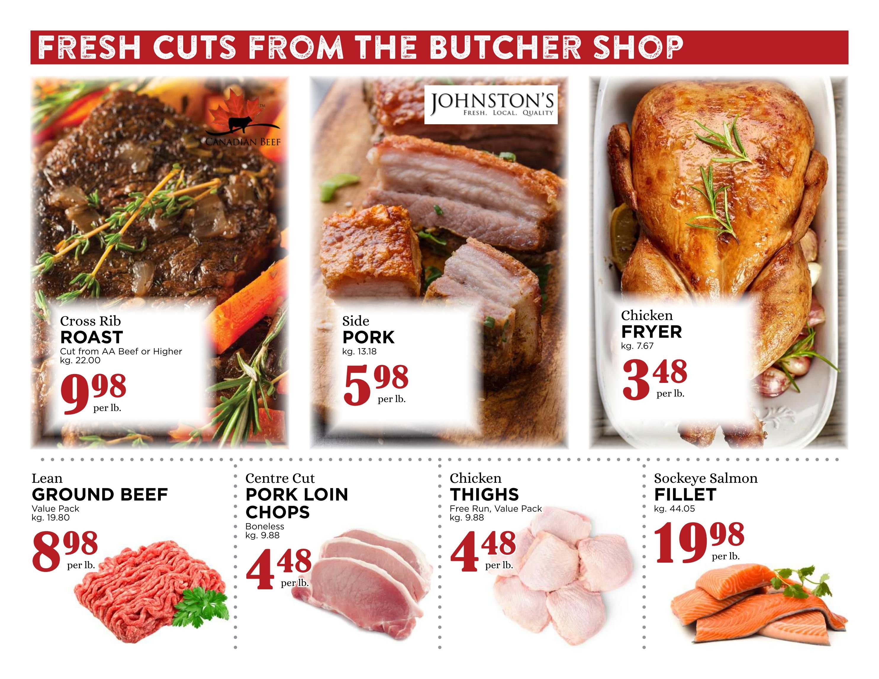 Pemberton Valley Supermarket weekly flyer specials page 2 features fresh cuts from the butcher shop. Highlights include Cross Rib Roast cut from AA Beef or higher at $9.98 per lb, Side Pork at $5.98 per lb, and Chicken Fryer at $3.48 per lb. Also featured are Lean Ground Beef Value Pack at $8.98 per lb, Centre Cut Pork Loin Chops (boneless) at $4.48 per lb, Chicken Thighs (Free Run, Value Pack) at $4.48 per lb, and Sockeye Salmon Fillet at $19.98 per lb.