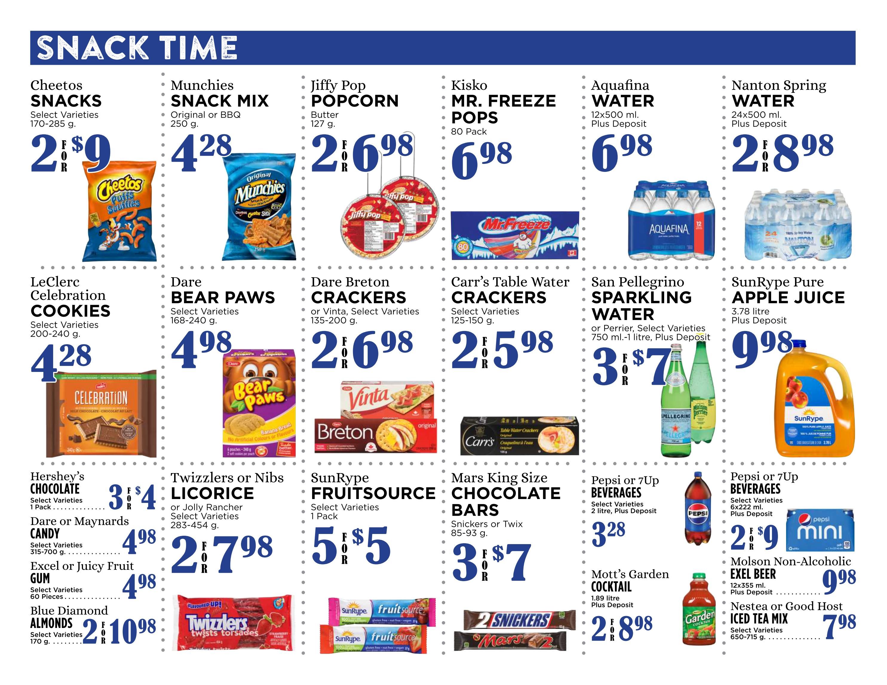 Pemberton Valley Supermarket weekly flyer specials page 7, featuring 'Snack Time' deals. Offers include Cheetos Snacks for 2 for $9, Munchies Snack Mix (Original or BBQ) for $4.28, Jiffy Pop Popcorn (Butter) for 2 for $6.98, Kisko Mr. Freeze Pops (80 Pack) for $6.98, Aquafina Water (12x500 ml) for $6.98, and Nanton Spring Water (24x500 ml) for 2 for $8.98. Also featured are Leclerc Celebration Cookies (Select Varieties, 200-240 g) for $4.28, Dare Bear Paws (Select Varieties, 168-240 g) for $4.98, Dare Breton Crackers (or Vinta, Select Varieties, 135-200 g) for 2 for $6.98, Carr's Table Water Crackers (Select Varieties, 125-150 g) for 2 for $5.98, San Pellegrino Sparkling Water (750 ml-1 litre) for 3 for $7, and SunRype Pure Apple Juice (3.78 litre) for $9.98. Additional deals include Hershey's Chocolate (Select Varieties, 1 Pack) for 3 for $4, Twizzlers or Nibs Licorice (or Jolly Rancher, Select Varieties, 283-454 g) for 2 for $7.98, SunRype Fruitsource (Select Varieties, 1 Pack) for 5 for $5, Mars King Size Chocolate Bars (Snickers or Twix, 85-93 g) for 3 for $7, Pepsi or 7Up Beverages (2 litre) for $3.28, Pepsi or 7Up Beverages (6x222 ml) for 2 for $9, Molson Non-Alcoholic ExeL Beer (12x355 ml) for $9.98, and Nestea or Good Host Iced Tea Mix (Select Varieties, 650-715 g) for $7.98.