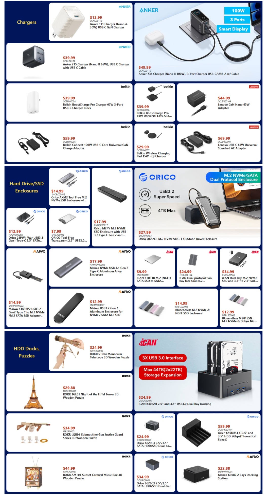 Canada Computers Weekly Flyer Specials Page 5 features chargers, hard drive/SSD enclosures, and HDD docks/puzzles. Chargers include Anker 511 Charger (Nano 4, 30W) USB C GaN for $12.99, Anker 715 Charger (Nano II 65W) USB C Charger with USB C Cable for $39.99, and Anker 736 Charger (Nano II 100W) 3-Port Charger USB-C/USB-A with Cable for $49.99. Also available are Belkin BoostCharge Pro 67W 3-Port USB-C Charger Block for $39.99, Belkin BoostCharge Pro 15W Universal Easy Aliq... for $39.99, Belkin Connect 100W USB-C Core Universal GaN Charge Adapter for $59.99, and Belkin Wireless Charging Pad 15W - Qi Charger for $29.99. Lenovo GaN Nano 65W Adapter is $44.99 and Lenovo USB-C 65W Universal Standard AC Adapter is $69.99. Hard Drive/SSD Enclosures include ORICO AXM2 Tool Free M.2 NVMe SSD Enclosure with USB 3.2 Type C Gen 2 and... for $14.99, ORICO M2PV M.2 NVME SSD Enclosure with USB 3.2 Type C Gen 2 and... for $17.99, ORICO OXS2C3 M.2 NVMe&NGFF Outdoor Travel Enclosure for $27.99. ORICO Tool-Free Transparent 2.5' USB3.0... is $7.99. Maiwo USB 3.1 Gen 2 Type C Aluminum Alloy Enclosure for $17.99. Maiwo K1696P2 USB3.2 Gen2 Type C to M.2 NVMe /M.2 SATA SSD Adapter... for $14.99. Maiwo USB3.2 Gen 2 Aluminum Enclosure for NVMe / SATA M.2 SSD for $12.99. ICAN RT031B M.2 (NGFF) SATA SSD to SATA... for $9.99. ICAN Dual protocol two bay free tool m.2... for $24.99. ICAN Dual Bay M.2 NVMe SSD and 3.5' to 2.5' SAI... for $34.99. Blueendless M.2 NVMe & NGFF SSD Enclosure for $14.99. Blueendless M.2 NVMe & 5Gbps NG... for $12.99. HDD Docks, Puzzles section features ROKR ST004 Monocular Telescope 3D Wooden Puzzle for $24.99, ROKR TGL01 Night of the Eiffel Tower 3D Wooden Puzzle for $29.88, ROKR LQB01 Submachine Gun Justice Guard Series 3D Wooden Puzzle for $34.99, ROKR AMT01 Sunset Carnival Music Box 3D Wooden Puzzle for $44.99. Also shown is a 4x 3.5' HDD Storage Expansion unit with 3x USB 3.0 interface, max 44TB capacity for $24.99. Orico 6829C3 2.5'/3.5' SATA HDD/SSD Dual-ba... for $24.99. Orico 6558US3-C 2.5' and 3.5' HDD 5Gbps (Theoretical Speed) for $59.99. Orico 6826C3 2.5'/3.5' SATA HDD/SSD Dual-ba... for $34.99. Maiwo K3082 2 Bays Docking Station for $22.88.