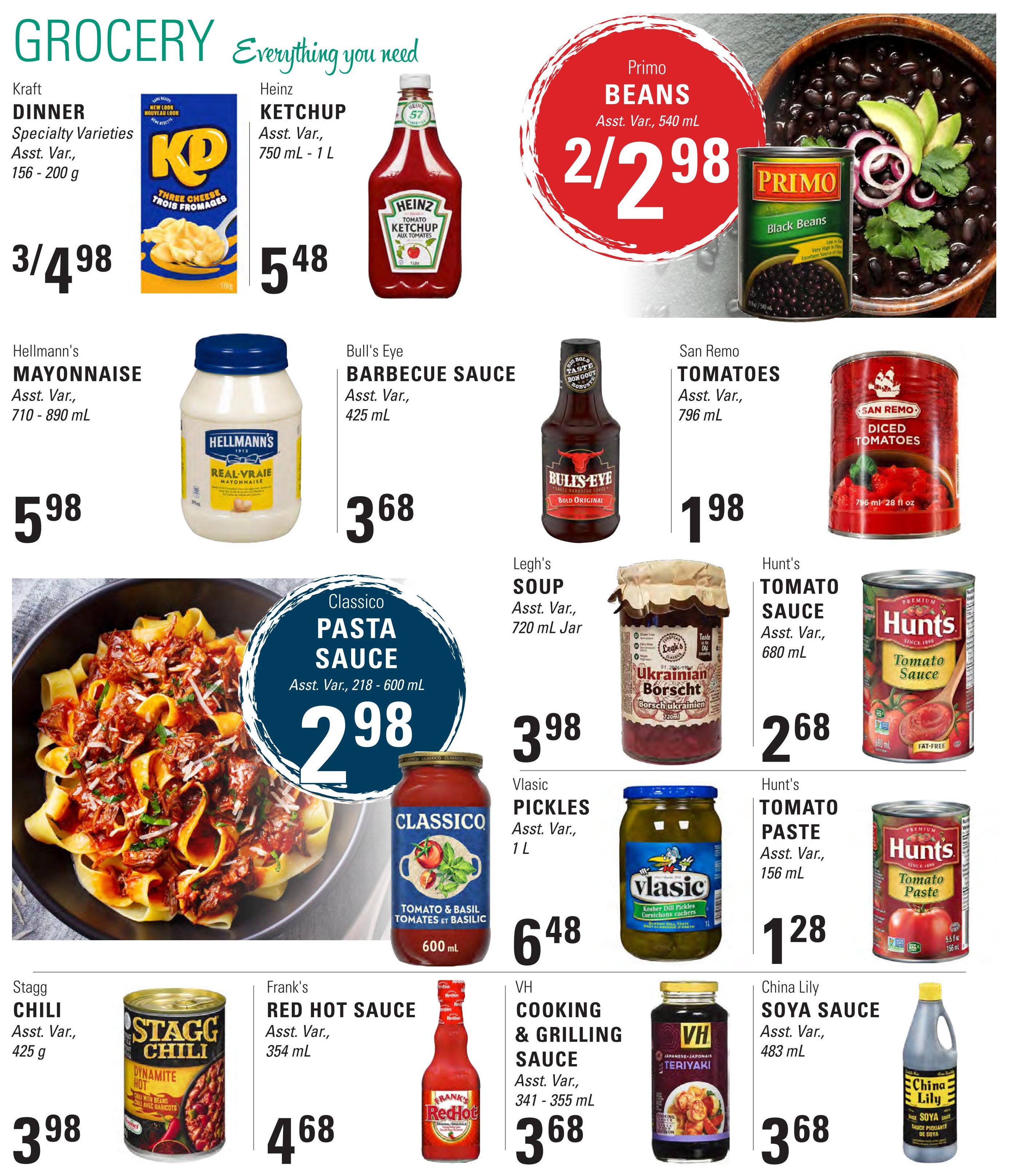 Askew's Foods grocery flyer page 2 featuring a variety of pantry staples. Highlights include Kraft Dinner Specialty Varieties for 3/$4.98, Heinz Ketchup 750 mL - 1 L for $5.48, and Primo Beans Asst. Var., 540 mL for 2/$2.98. Also featured are Hellmann's Mayonnaise Asst. Var., 710 - 890 mL for $5.98, Bull's Eye Barbecue Sauce Asst. Var., 425 mL for $3.68, and San Remo Tomatoes Asst. Var., 796 mL for $1.98. Classico Pasta Sauce Asst. Var., 218 - 600 mL is priced at $2.98. Other items include Legh's Soup Asst. Var., 720 mL Jar for $3.98, Vlasic Pickles Asst. Var., 1 L for $6.48, Hunt's Tomato Sauce Asst. Var., 680 mL for $2.68, Hunt's Tomato Paste Asst. Var., 156 mL for $1.28, Stagg Chili Asst. Var., 425 g for $3.98, Frank's Red Hot Sauce Asst. Var., 354 mL for $4.68, VH Cooking & Grilling Sauce Asst. Var., 341 - 355 mL for $3.68, and China Lily Soya Sauce Asst. Var., 483 mL for $3.68.
