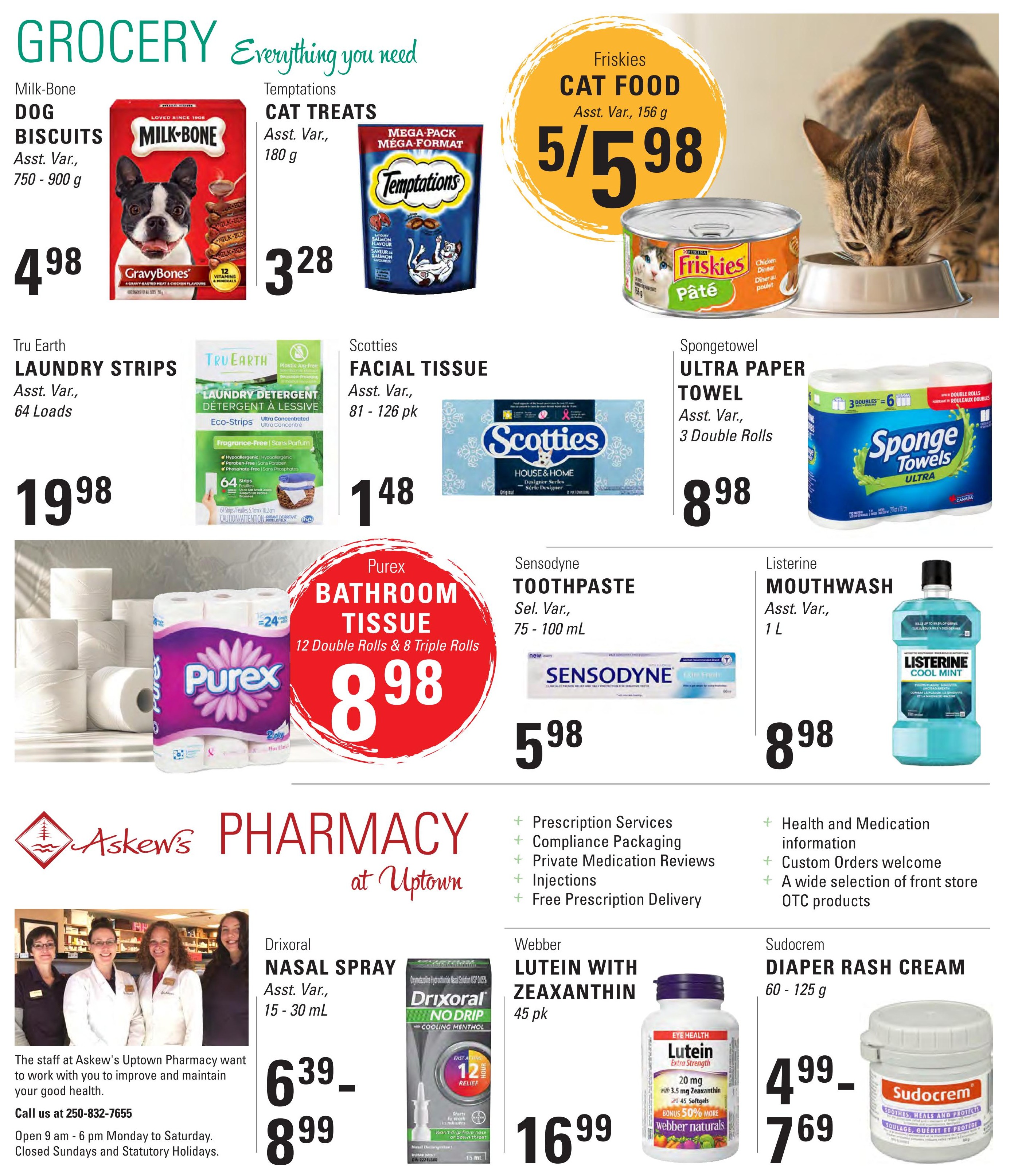 Askew's Foods weekly flyer specials page 4 features grocery and pharmacy items. Grocery deals include Milk-Bone Dog Biscuits for $4.98, Temptations Cat Treats for $3.28, and Friskies Cat Food for 5/$5.98. Also available are Tru Earth Laundry Strips for $19.98, Scotties Facial Tissue for $1.48, and Spongetowel Ultra Paper Towels for $8.98. Purex Bathroom Tissue (12 double rolls & 8 triple rolls) is on sale for $8.98. Pharmacy specials include Drixoral Nasal Spray for $6.39-$8.99, Sensodyne Toothpaste for $5.98, Listerine Mouthwash for $8.98, Webber Lutein with Zeaxanthin for $16.99, and Sudocrem Diaper Rash Cream for $4.99-$7.69. The Askew's Pharmacy at Uptown section highlights prescription services, compliance packaging, private medication reviews, injections, free prescription delivery, and a wide selection of OTC products. The pharmacy staff is pictured and contact information is provided.
