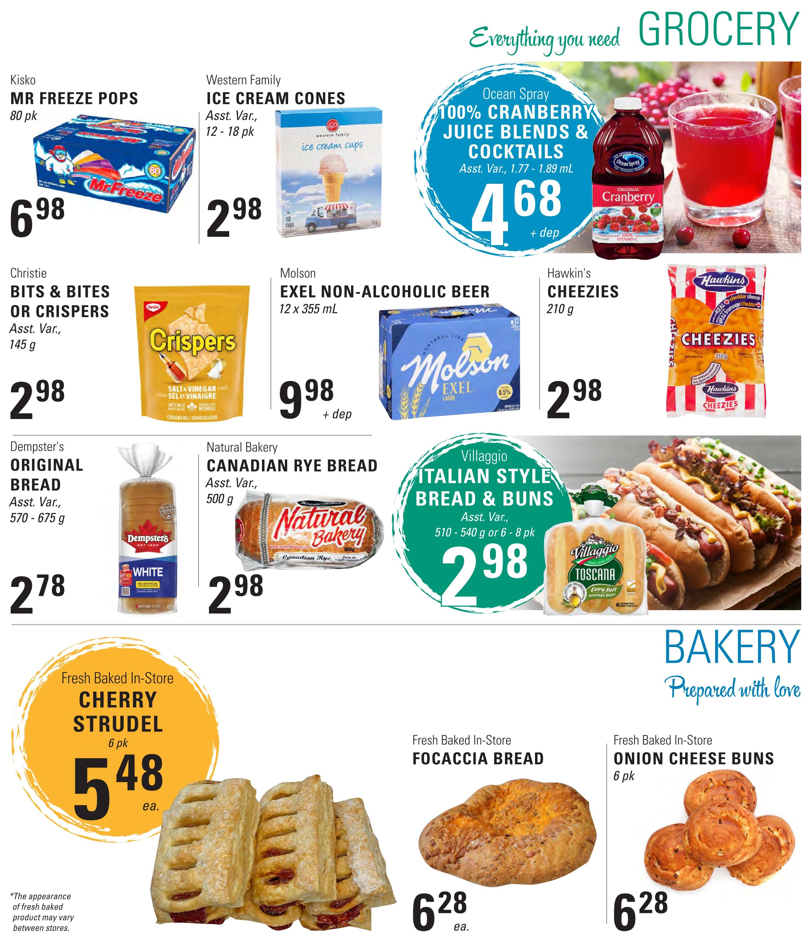 Askew's Foods weekly flyer specials page 5. Featured grocery items include Kisko Mr. Freeze Pops for $6.98, Western Family Ice Cream Cones (12-18 pk) for $2.98, Christie Bits & Bites or Crispers (145 g) for $2.98, Molson Exel Non-Alcoholic Beer (12 x 355 mL) for $9.98 + dep, and Hawkins Cheezies (210 g) for $2.98. Also on sale is Ocean Spray 100% Cranberry Juice Blends & Cocktails (Asst. Var., 1.77 - 1.89 mL) for $4.68 + dep. Bakery items include Dempster's Original Bread (Asst. Var., 570-675 g) for $2.78, Natural Bakery Canadian Rye Bread (500 g) for $2.98, Villaggio Italian Style Bread & Buns (Asst. Var., 510-540 g or 6-8 pk) for $2.98. Fresh baked in-store items are Cherry Strudel (6 pk) for $5.48 ea., Focaccia Bread for $6.28 ea., and Onion Cheese Buns (6 pk) for $6.28 ea.