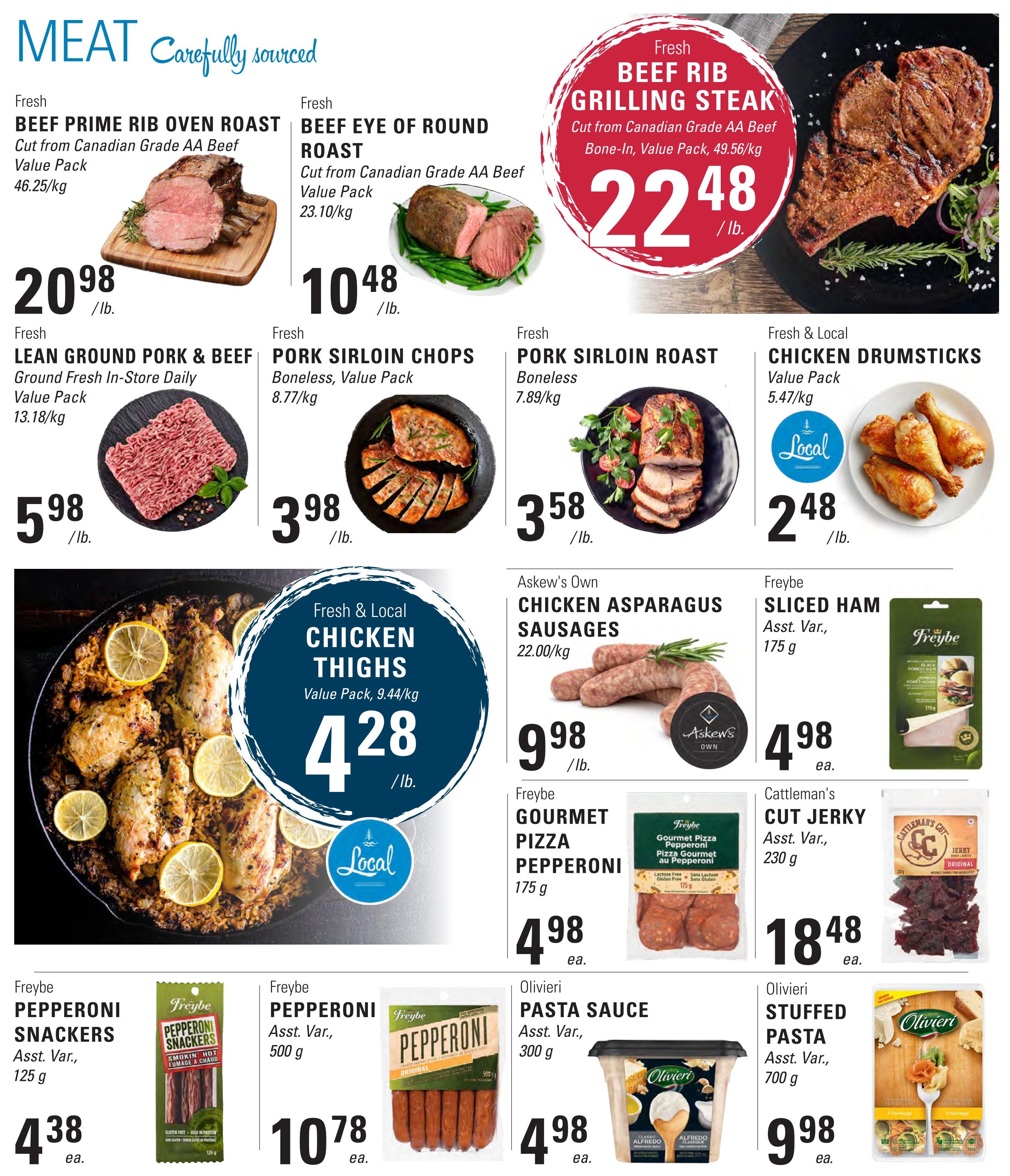 Askew's Foods weekly flyer specials page 6 features a variety of meat products. Highlights include Fresh Beef Prime Rib Oven Roast at $20.98/lb, Fresh Beef Eye of Round Roast at $10.48/lb, and Fresh Beef Rib Grilling Steak Bone-In at $22.48/lb. Also featured are Fresh Lean Ground Pork & Beef Value Pack for $5.98/lb, Fresh Pork Sirloin Chops Boneless Value Pack for $3.98/lb, and Fresh Pork Sirloin Roast Boneless for $3.58/lb. Fresh & Local Chicken Drumsticks are available for $2.48/lb and Fresh & Local Chicken Thighs Value Pack for $4.28/lb. Additionally, Askew's Own Chicken Asparagus Sausages are $9.98/lb. Freybe products include Pepperoni Snackers Asst. Var., 125g for $4.38 ea., Pepperoni Asst. Var., 500g for $10.78 ea., and Gourmet Pizza Pepperoni 175g for $4.98 ea. Freybe Sliced Ham Asst. Var., 175g is $4.98 ea. Cattleman's Cut Jerky Asst. Var., 230g is $18.48 ea. Olivieri Pasta Sauce Asst. Var., 300g is $4.98 ea. and Olivieri Stuffed Pasta Asst. Var., 700g is $9.98 ea.