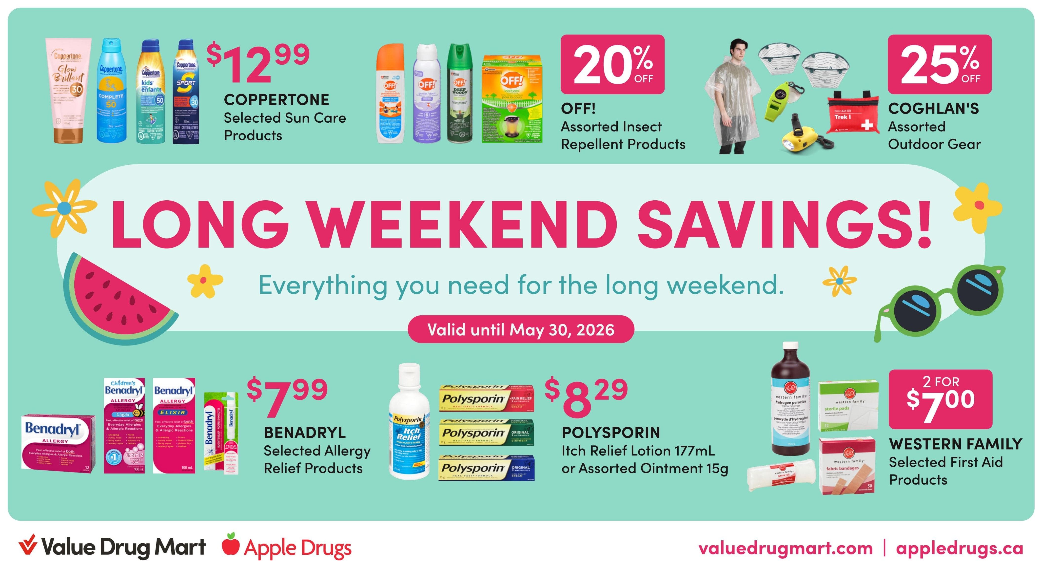 Value Drug Mart flyer specials page 2 features fresh picks including Ensure or Glucerna assorted nutritional drinks 6 pack for $17.99. Method assorted personal care or household products are 25% off. Drixoral nasal congestion pump 25mL or decongestant nasal spray 30mL is $8.99. Biogaia assorted health care products are $29.99. Salinex selected nasal care products 30mL are $5.99. Betadine assorted health care products are 20% off. Buttease flushable wipes 42's are $4.99. Valid May 17 - 30, 2026.