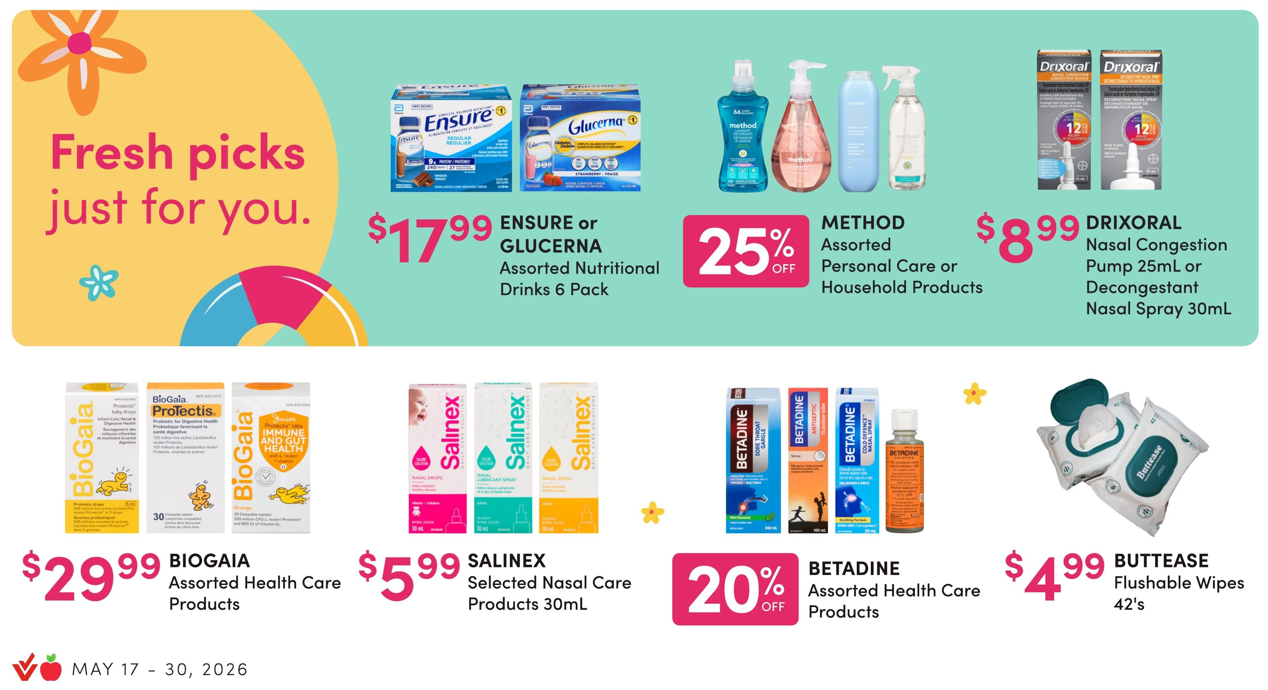 Value Drug Mart flyer specials page 3 features a variety of health and wellness products. Get Aerius or Claritin Selected Allergy Relief Products for $34.99. Cortizone-10 Soothing Aloe Anti-Itch Liquid 36ml or Assorted Anti-Itch Cream 28g-56g is on sale with 25% off. Abreva Cold Sore Treatment Tube or Pump 2g is available for $19.99. Buckley's Assorted Cold Relief Products are priced at $10.99. Anbesol Extra Strength Gel 7g or Liquid 13mL costs $7.99. Breathe Right Extra Clear or Tan Nasal Strips 26's are $16.99. Additionally, Alcon Assorted Eye Care Products are 25% off. The flyer is valid from May 17 to May 30, 2026.