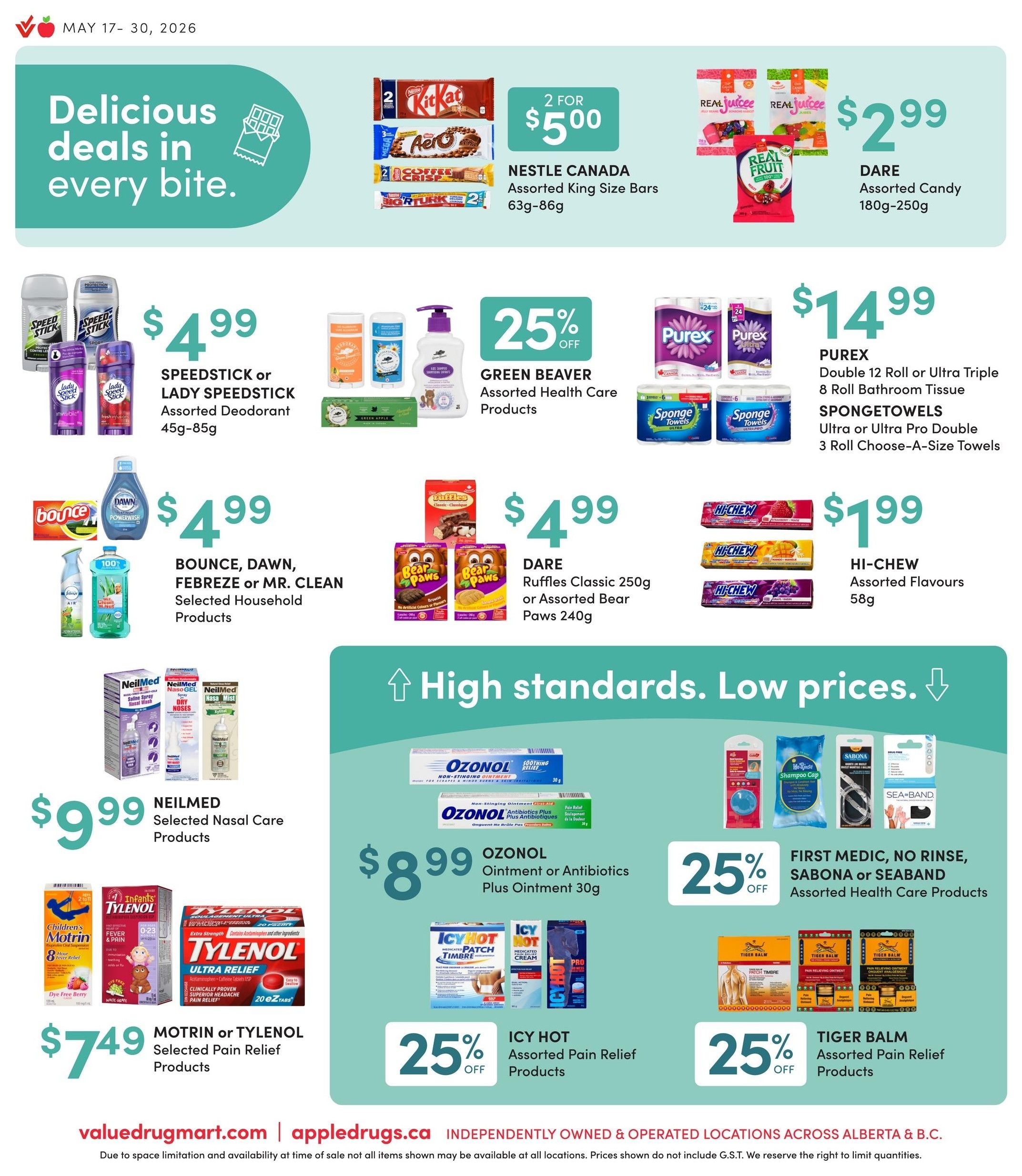 Value Drug Mart flyer specials, page 8, featuring delicious deals. Kit Kat assorted King Size Bars are 2 for $5.00. DARE assorted candy (180g-250g) is $2.99. Speed Stick or Lady Speed Stick assorted deodorant (45g-85g) is $4.99. Green Beaver assorted health care products are 25% off. Purex double 12 roll or ultra triple 8 roll bathroom tissue and Spongetowels ultra or ultra pro double 3 roll choose-a-size towels are $14.99. Bounce, Dawn, Febreze or Mr. Clean selected household products are $4.99. DARE Ruffles Classic 250g or assorted Bear Paws 240g are $4.99. Hi-Chew assorted flavours (58g) are $1.99. NeilMed selected nasal care products are $9.99. Motrin or Tylenol selected pain relief products are $7.49. OzonoL ointment or antibiotics plus ointment 30g is $8.99. Icy Hot assorted pain relief products are 25% off. First Medic, No Rinse, Sabona or Seaband assorted health care products are 25% off. Tiger Balm assorted pain relief products are 25% off. Valid May 17-30, 2026.