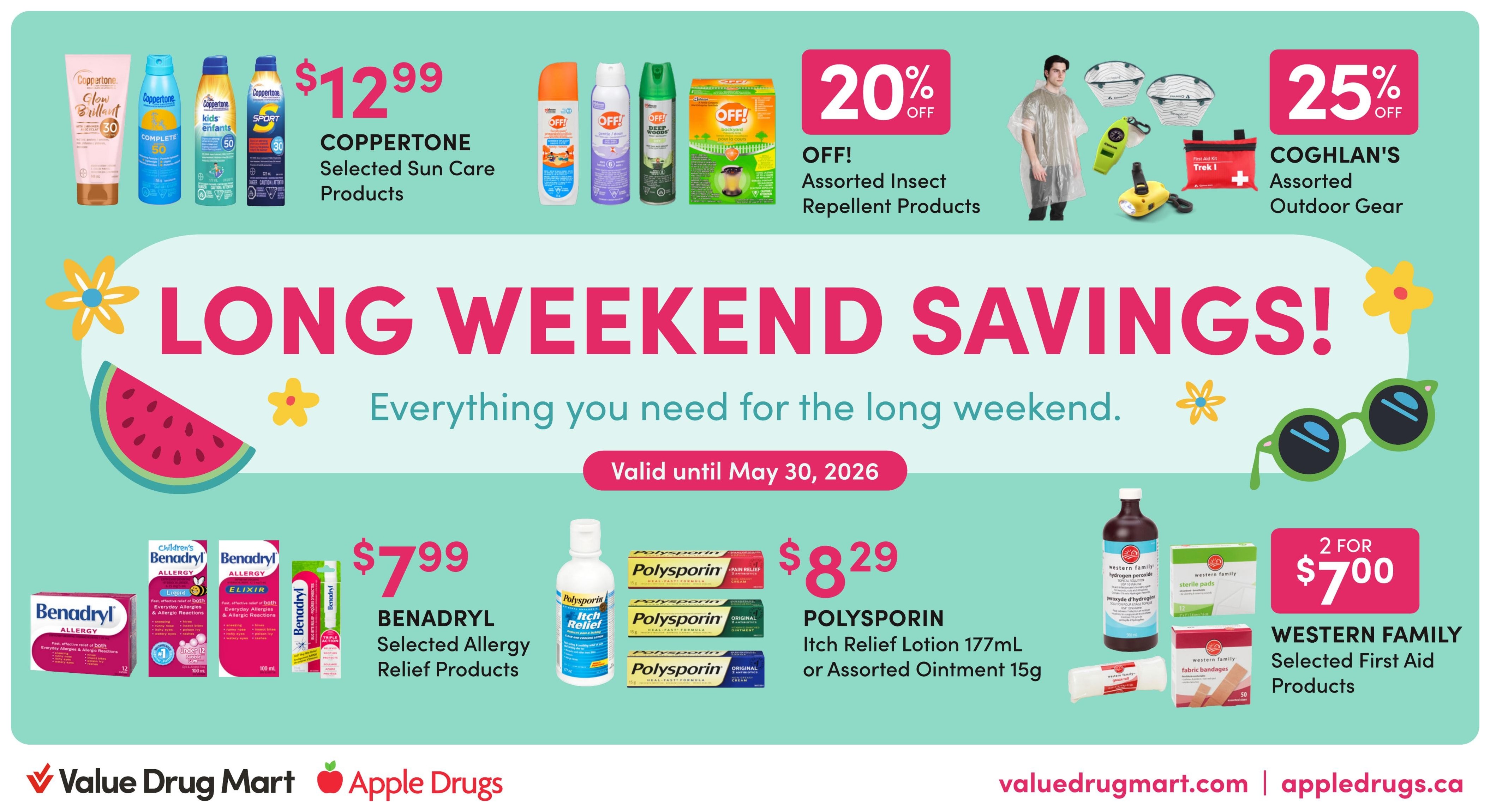Apple Drugs flyer page 2 featuring fresh picks. Offers include Ensure or Glucerna Assorted Nutritional Drinks 6 Pack for $17.99. Method Assorted Personal Care or Household Products are 25% off. Drixoral Nasal Congestion Pump 25mL or Decongestant Nasal Spray 30mL is $8.99. Biogaia Assorted Health Care Products are $29.99. Salinex Selected Nasal Care Products 30mL are $5.99. Betadine Assorted Health Care Products are 20% off. Buttease Flushable Wipes 42's are $4.99. Valid May 17 - 30, 2026.