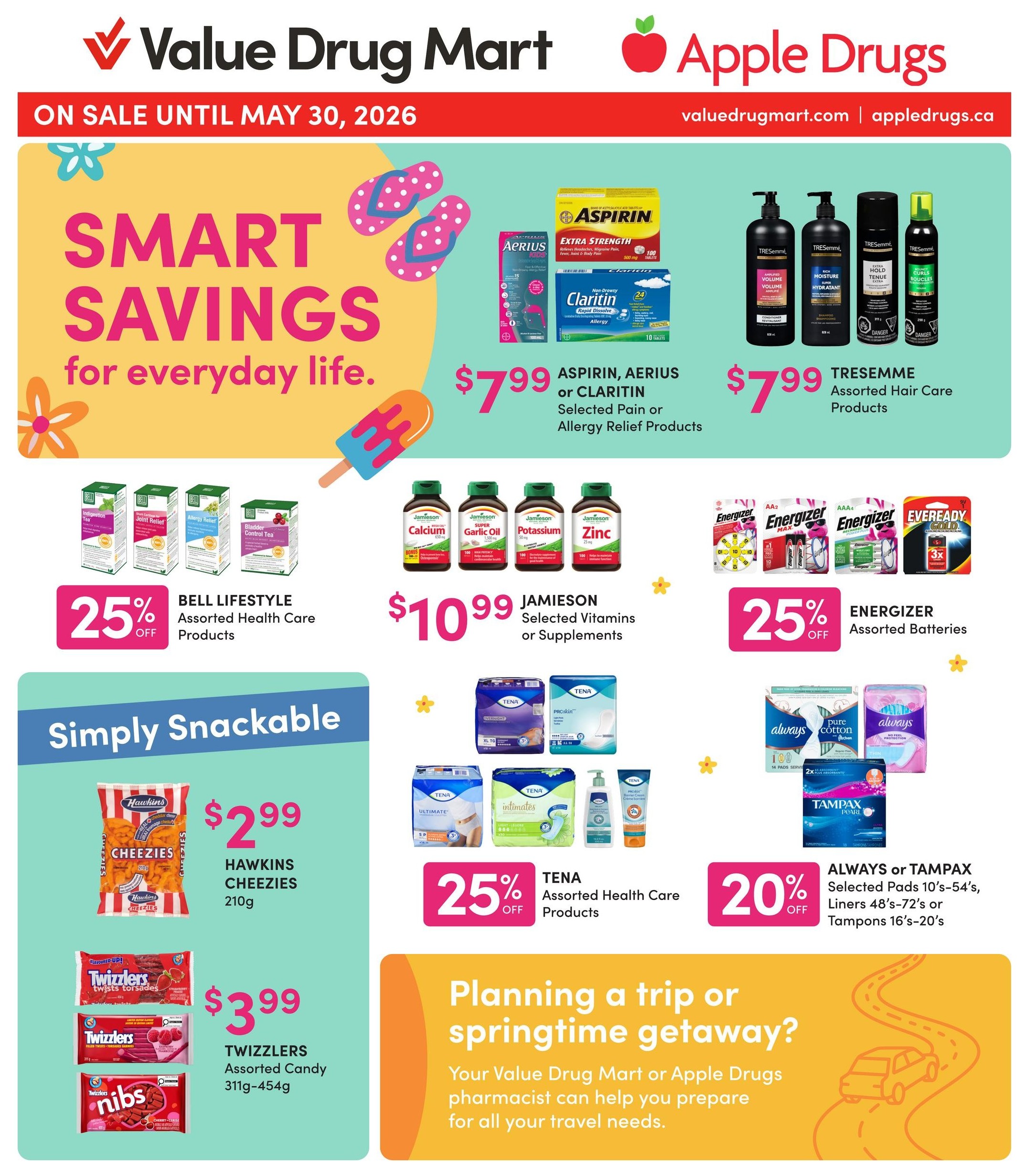 Apple Drugs flyer page featuring Long Weekend Savings valid until May 30, 2026. Offers include Coppertone Selected Sun Care Products for $12.99, OFF! Assorted Insect Repellent Products with 20% off, and Coghlan's Assorted Outdoor Gear with 25% off. Also featured are Benadryl Selected Allergy Relief Products for $7.99, Polysporin Itch Relief Lotion 177ml or Assorted Ointment 15g for $8.29, and Western Family Selected First Aid Products 2 for $7.00.