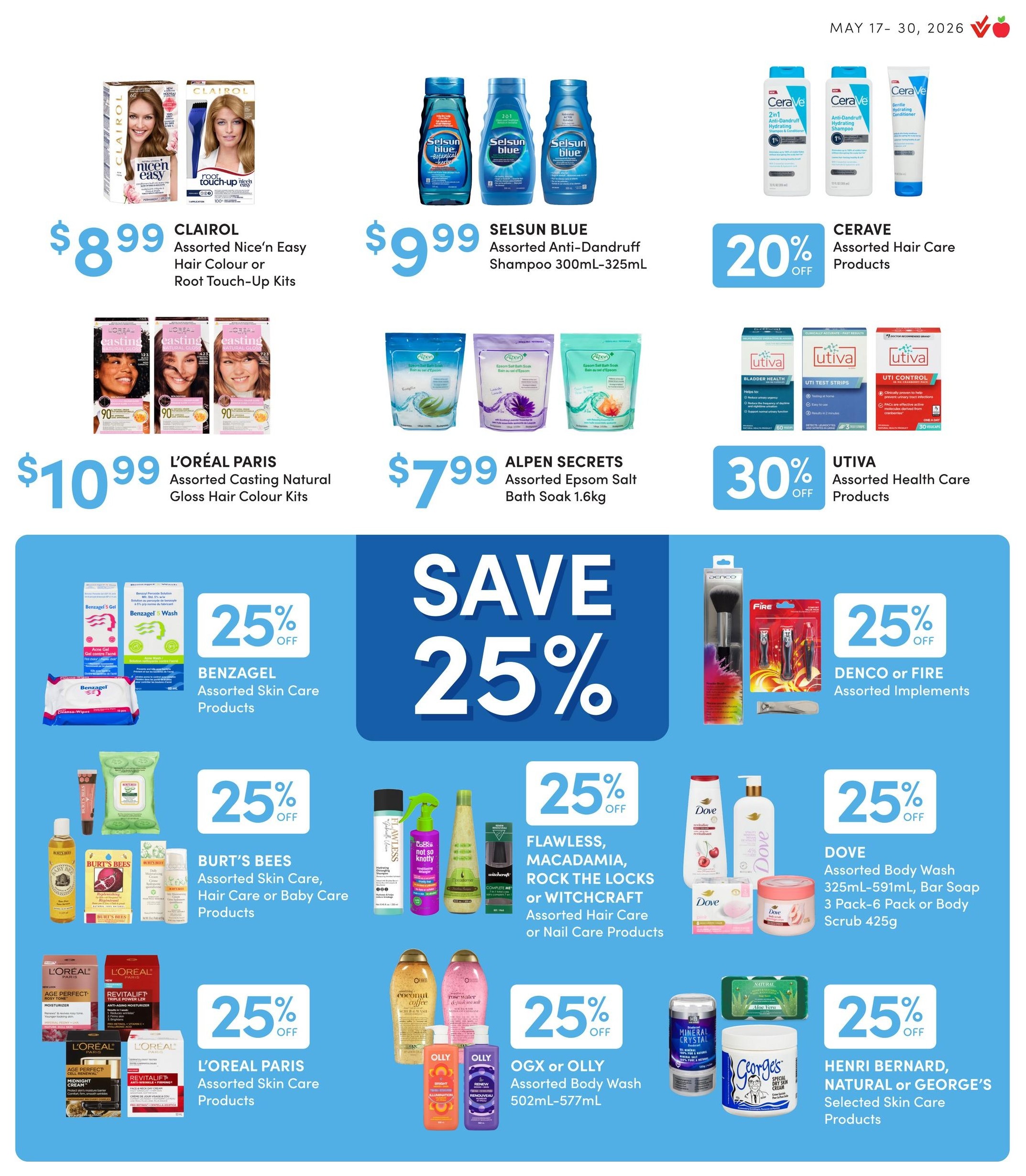Apple Drugs flyer page 7 featuring various personal care products on sale. Featured items include Clairol Nice'n Easy Hair Colour or Root Touch-Up Kits for $8.99, Selsun Blue Anti-Dandruff Shampoo (300mL-325mL) for $9.99, and L'Oréal Paris Casting Natural Gloss Hair Colour Kits for $10.99. Alpen Secrets Epsom Salt Bath Soak (1.6kg) is available for $7.99. CeraVe Assorted Hair Care Products are 20% off. Utiva Assorted Health Care Products, including Bladder Health, UTI Test Strips, and UTI Control, are 30% off. Several products are on sale for 25% off: Benzagel Assorted Skin Care Products, Burt's Bees Assorted Skin Care, Hair Care or Baby Care Products, Flawless, Macadamia, Rock the Locks or Witchcraft Assorted Hair Care or Nail Care Products, Denco or Fire Assorted Implements, Dove Assorted Body Wash (325mL-591mL), Bar Soap 3 Pack, or Body Scrub (425g), L'Oréal Paris Assorted Skin Care Products, OGX or Olly Assorted Body Wash (502mL-577mL), and Henri Bernard, Natural or George's Selected Skin Care Products.